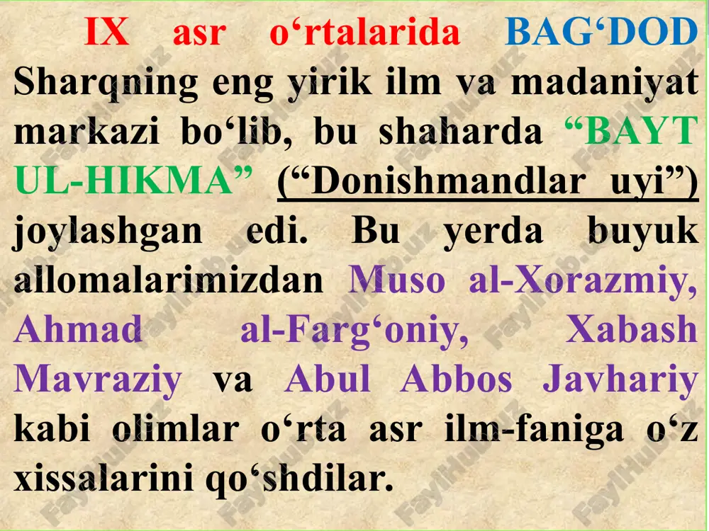 koordinatlari keltirilgan. ulug’bek rasadxonasi (1424-1428) amir temur haqida dunyo adabiyotida yaratigan badiiy asarlar: kristofer morlo (fransiya) – 1587-1590-yillarda yozilgan “buyuk temur” tragediyasi. lui de gevaro (fransiya) – “buyuk temut” dramasi, xvii asr. noma’lum muallif tomonidan yozilgan “temurlang” dramasi, xvii asr. nikola pova (germaniya) – “temurlang” dramasi, xviii asr. nikola prado (fransiya) – “temurlang yoki boyazidning o’limi” dramasi, xix asr. kompozitor gaspiri (avstriya) – “temur” operasi, 1710 -y . mustaqillik yillarida buxoroda davlat muhofazasida bo'lgan 700 ga yaqin tarixiy va madaniy meros asarlari mavjud. 1997 yilda 2500 yilligini nishonlagan buxoro 1993 yilda bmtning ta'lim, fan va madaniyat masalalari bo'yicha tashkiloti (yunesko) tomonidan jahon merosi ro'yxatiga kiritilgan. 2007 yilda samarqand shahrining 2750 yilligi keng miqyosda bayram qilindi. mustaqillik yillarida tarixiy qadriyatlarimizni qayta tiklash, ulug` ajdodlarimiz yaratib qoldirgan boy ma`naviy merosni chuqur o`rganish va keng targ`ib etish borasida salmoqli ishlar amalga oshirildi. buxoro, xiva, termiz, shahrisabz, qarshi, marg`ilon shaharlarining yubileylari xalqaro miqyosda nishonlandi. …