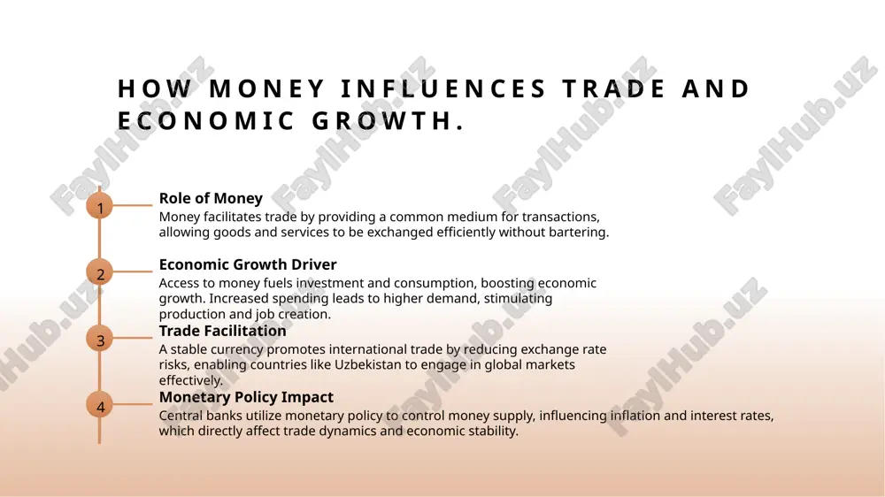 and the overall standard of living, as citizens adapt to a dynamic economic landscape. conclusions key functions of money money's economic impact currency's cultural reflection money serves essential functions in economic systems, such as a medium of exchange, a unit of account, and a store of value, facilitating trade. the influence of money on trade and economic growth is profound, driving investment, consumption, and the overall stability of economies, including uzbekistan's. currency evolves with society, reflecting cultural identity and values. in uzbekistan, currency changes symbolize economic reforms and societal progress, shaping its future. thank you! /docprops/thumbnail.jpeg