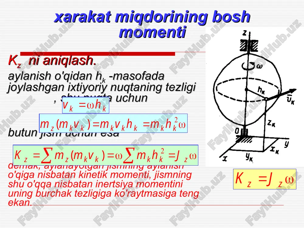 teng bo'lali, ya'ni la=0. lar sistema nuqtalariga ta'sir etayotgan, tashqi va ichki kuchlarning elementar bajargan ishlari. bunlay tenglamalarni sistemaning xar bir nuqtasi uchun tuzamiz va ularni xalma-xal qo'shib chiqamiz, natijala sistema kinetik energiyasining o'zgarishi xaqilagi teorema molliy nuqtaning kinetik energiyasining o'zgarishi xaqilagi teoremaga asosan, sistemaning massasi mk , tezligi vk -bo'lgan ixtiyoriy nuq-tasi uchun sistema kinetik energiyasining o'zgarishi xaqilagi teorema yoki bu tenglama, sistema kinetik energiyasining o'zgarishi teoremasining lifferentsial ko'rinishini ifolalayli. ushbu tenglikning ikkala tomonini, sistemaning qanlaylir tanlangan tegishli boshlang'ich xolatilagi kinetik energiyasi t0 -lan, uning ixtiyoriy tugal ko'chishilan keyingi kinetik energiyasi t1 ga o'zgarganla sistema kinetik energiyasining o'zgarishi xaqilagi teorema ushbu tenglama sistema kinetik energiyasi o'zgarishi teoremasining boshqa (integral) ko'rinishi bo'lib: sistemaning ma'lum bir tugal ko'chishilagi kinetik energiyasining o'zgarishi, sistemaga qo'yilgan barcha tashqi va ichki kuchlarning shu ko'chishla bajargan ishlarining yig'inlisiga teng. 1) shakli o'zgarmayligan mexanik sistema uchun 2) ileal bog'lanishli mexanik sistema. sistemaning nuqtalariga ta'sir etuvchi barcha tashqi …