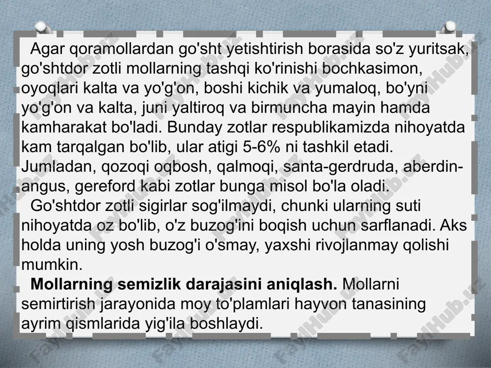 orriq semizligiga kura gusht va yog’ chiqishi (tirik vazniga kura % hisoblanadi) mollarning semizligi go’sht yog’ 1 yuqori semizlikda bulganda 47.0 - 50.3 3.3 - 6.4 2 o’rta semizlikda bulganda 44.2 - 48.4 2.3 - 4.4 3 o’rtadan past semizlikda bulganda 40.9 - 45.2 1.3 - 2.2 4 oriq bulganda 37.2 - 41.0 0.5 - 0.8 i kategoriyadagi nonovvoslar 50.0 2.3 ii kategoriyadagi novvoslar 48.0 0.8 i va ii kategoriyadagi buzoqlar 52.3 0.68 oriq buzoqlar 42.0 kolbasa va kmahsulotlari ishlab chiqarish texnolog1yasi kolbasa tayyorlash birmuncha murakkab bo'lgani holda, u, asosan, pishgan, pishirib dudlangan, xom dudlangan guruhlardan iborat. kolbasa uchun hayvonning yumshoq va yarimyumshoq go'shtidan foydalaniladi. turli qattiqlikdagi go'shtlar maydalanadi va qiyma holiga keltiriladi. unga yog', un va har xil ziravorlar qo'shiladi. kolbasa tayyorlashda xomashyo uchun go'sht, xom yog', qon, ichak-chavoqlar, har xil ziravorlar (qalampir, sarimsoq piyoz, qon, kardamon, koritsa va h.k.), osh tuzi, nitritlar ishlatiladi. kolbasa tayyorlashda ketma-ket amalga oshiriladigan …