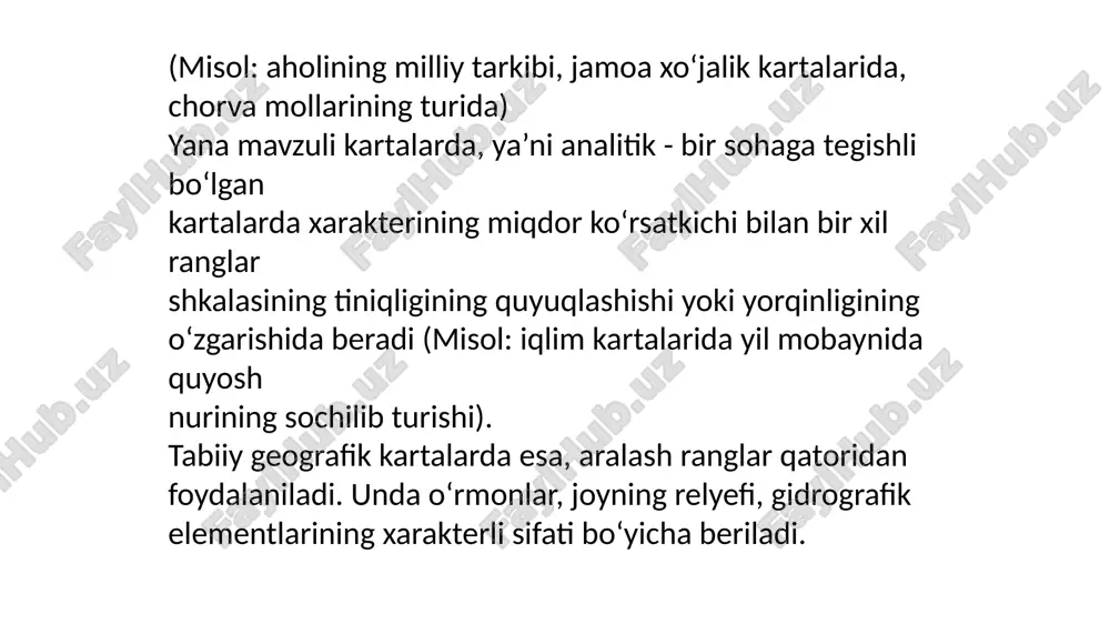 aqsadda tipik shartli belgilaming instruksiyasi ishlab chiqilgan. hozirgi vaqtda xalq xoljaligidagi amaliy ahamiyati hududi bo‘yicha va kartalaming ishlab chiqilishi metodikasi bo‘yicha eng yaxshi natijalar mavzuli kartografiyaning qadimgi tarmog‘i - geologik kartografiyadir. bo‘yoqlami to‘g‘ri tanlash uchun «turli masshtabdagi geologik kartalar uchun rangli belgilar» jadvali (jvaniya d.g., 1960) mavjuddir. rang gammasining belgilangan ranglar tusining fonini jthozlanishida kartografiyaning vazifasi belgilangan ranglami bera olishidir. ko‘pgina tabiat hodisalari ko‘rsatilgan boshqa kartalar, ya’ni geomorfologik, o‘simlik, landshaft va h.k. uchun hozircha rangli jihozlashning umumiy qabul qilingan tomonlari yo‘q, ammo ranglar tanlashda ba’zi an’analar bor. shunday geobotanik kartalarda tundra zonalari kulrang-havo rang, kulrang-binafsha rang tusga bo‘yaladi. tayga zonalari uchun bir nechta ranglar qo‘llaniladi; bargli tayga uchun zaytun rang jilolari, timqora xvoya taygasi uchun qora va kul rang-ko‘k, qarag'ay taygasi jigarrang-to‘q sariq. keng bargli o'rmonlar turkumlarini yashil tusda, cho ‘ini - sariq va ochsarg‘ish, sahro va yarim sahro to‘q sariq rang jilolari, sho'r yerlarni esa och qizil-binafsha ranglarida. zonal …