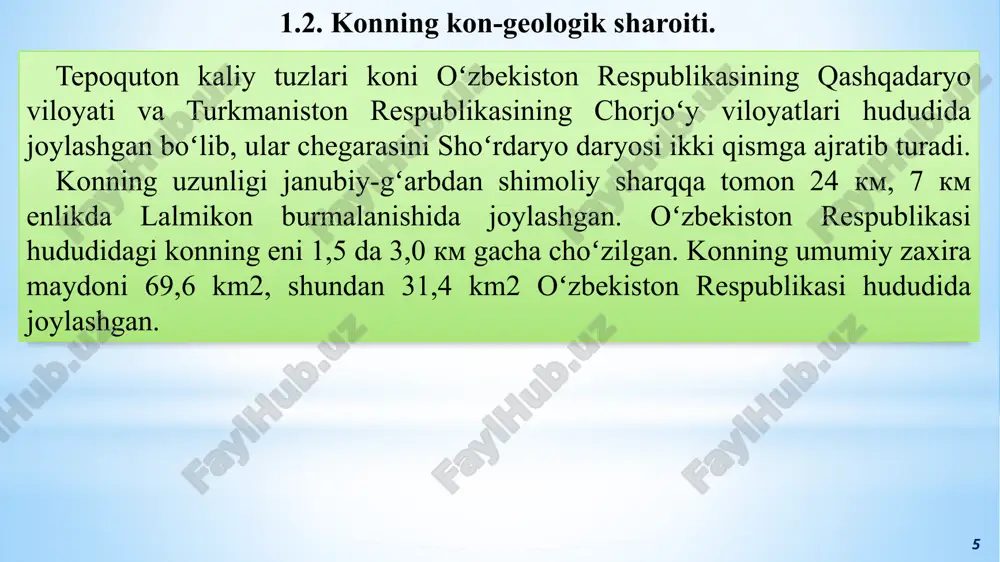 xta nobudgarchiliklar, ming.t skvajina yaqinidagi seliklarda 25-bis 35499 7,66 2,05 557,1 48 41692 2,12 2,05 181,5 89 196036 9,53 2,05 3829,0 47 53420 7,43 2,05 814,2 bzk-8 45541 2,91 2,05 272,1 46-55 28418 3,25 2,05 189,6 35 47839 10,91 2,05 1070,3 40-bis 43521 10,35 2,05 923,0 40-bzk-7 76024 9,68 2,05 1508,6 jami 9345,4 qiya stvoldagi saqlovchi seliklarda saqlovchi selik 98398 4,15 2,05 837,0 jami: 10182,4 12 12 “dehqonobod kaliy zavodi” aj tog‘-kon majmuasidan qazib olinadigan silvinit rudasining ekspluatatsion nobudgarchilik sabablari. qazish kamerasi chegarasidan tashqarida, kameralararo va o‘tishlararo seliklardagi ekspluatatsion nobudgarchiliklar. (53,36 %) ekspluatatsion nobudgarchilik strukturasi 1. 2. 3. qazish kamerasi chegarasida, shiftdagi, asosdagi, devordagi, kamera boshidagi va tayyorlov lahimlaridagi ekspluatatsion nobudgarchiliklar. (17,26 %) qazib olingandan keyingi ko‘rinishidagi, tashish, qayta yuklash, me‘yorlashtirish jarayonlaridagi ekspluatatsion nobudgarchiliklar. (0,34 %) 13 13 “dehqonobod kaliy zavodi” aj tog‘-kon majmuasidan qazib olinadigan silvinit rudasining ekspluatatsion nobudgarchilik ko‘rsatkichlari. 14 panel quyi іі qatlamning qalinligi, m ekspluatatsion nobudgarchiliklar, …