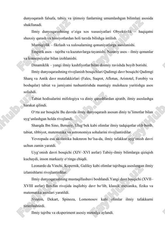 bosqichi (xvii–xviii asrlar) ilm-fan rivojida inqilobiy davr bo‘lib, klassik mexanika, fizika va matematika asoslari yaratildi. nyuton, dekart, spinoza, lomonosov kabi olimlar ilmiy tafakkurni tizimlashtirdi. ilmiy tajriba va eksperiment asosiy metodga aylandi. xix asr bosqichi biologiya, kimyo, sotsiologiya kabi fanlarda katta yutuqlar qo‘lga kiritildi. darvinning evolyutsiya nazariyasi, marks va engelsning jamiyat haqidagi ta’limotlari ilmiy dunyoqarashni yanada boyitdi. ilmiy tafakkur differensiallashuv va integratsiya jarayonlariga yuz tutdi. xx–xxi asr bosqichi (zamonaviy davr) ilm-fan yuksak darajada rivojlanib, fanlararo integratsiya kengaydi. kibernetika, informatika, genetika, kosmonavtika, sun’iy intellekt kabi yangi yo‘nalishlar yuzaga keldi. globallashuv, ekologik muammolar va axborot texnologiyalari ilmiy dunyoqarashning yangi qirralarini shakllantirmoqda. ilmiy dunyoqarash insoniyat tafakkurining tarixiy taraqqiyoti jarayonida shakllanib kelgan bo‘lib, u mifologik va diniy dunyoqarashlardan farqli ravishda obyektiv haqiqatni ilmiy metodlar orqali anglashga asoslanadi. bugungi kunda ilmiy dunyoqarash inson faoliyatining barcha sohalarida muhim ahamiyat kasb etib, insoniyat taraqqiyotini belgilovchi asosiy omillardan biri hisoblanadi. hozirgi zamon madaniyatshunosligi (kulturologiyasi)da tabiat va madaniyatning bir-biriga ta’siri, …