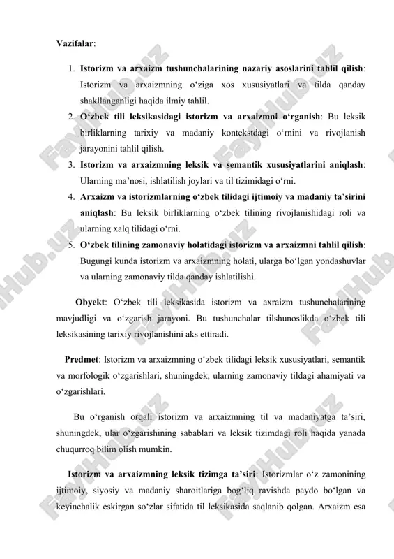 arni tushunishdagi yondashuvni bildiradi. istorizm, o'z navbatida, tarixning o'ziga xos qonuniyatlarini, vaqti-vaqti bilan yuzaga kelgan ijtimoiy va siyosiy omillarni, ularning adabiyot va san'atlarga ta'sirini tahlil qilishda qo'llaniladi. istorizm tarixiy kontekstni tushunishda muhim vosita hisoblanadi. istorizmning xususiyatlari: tarixiy tafakkur: istorizm tarixiy jarayonlarni va hodisalarni tushunishga, ularni o'rganishga qaratilgan yondashuvdir. tarixiy va madaniy kontekstga e'tibor: istorizm o'ziga xos tarzda tarixiy o'zgarishlarni, ijtimoiy tuzumlarni va madaniyatning rivojlanishini tahlil qiladi. tarixiy kontekstda yozilgan asarlarni tahlil qilishda bu yondashuv muhim. mirziyoyev, shavkat. ma'naviyat va ma'rifat ] istorizmning adabiyotdagi o'rni: adabiyotda istorizm tarixiy voqealarni tasvirlashda muhim rol o'ynaydi. tarixiy voqealar va qahramonlar haqida yozilgan asarlar ko'pincha istorizm yondashuvi orqali yaratilib, o'z davrining ijtimoiy va siyosiy muammolarini o'rganadi. istorizm yordamida adabiyot tarixiy voqealarni nafaqat tasvirlab, balki ularga baho berishga, tarixiy jarayonlarni qadrlashga yoki tanqid qilishga ham yordam beradi. 2. arxaizm arxaizm — arab tilidan olingan so'zlar va iboralarni o'zbek tilida ishlatish holatini anglatadi. o'zbek tilining arab tili …