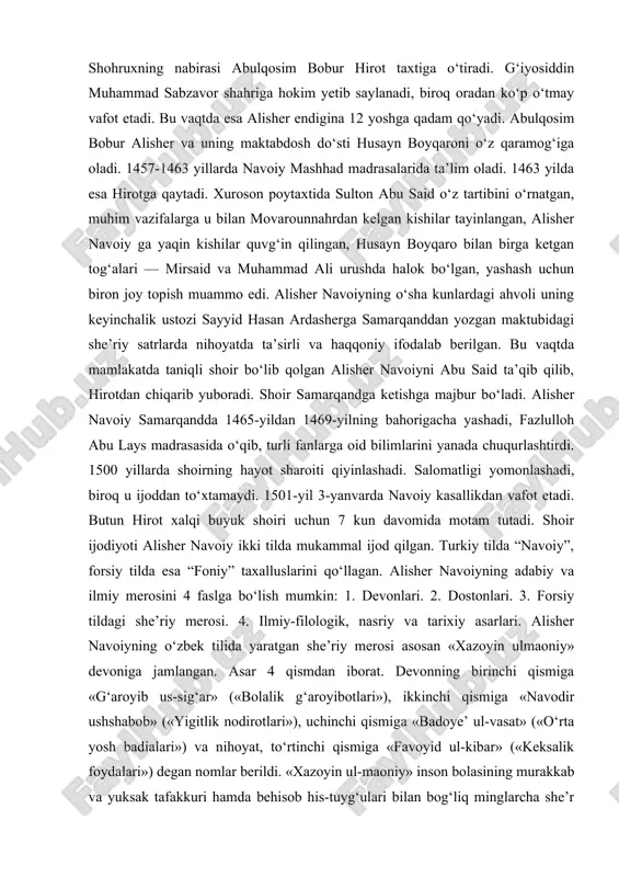 3 mustazod, 5 muxammas, 3 tarje’band, 2 musaddasdan tarkib topgan. alisher navoiy butun ijodi davomida turli janr va yo‘nalishlarda salmoqli ijod qilgan. nasrda ham, nazmda ham yetuk asarlar yaratgan. nasrda navoiy asosan ijtimoiy-siyosiy, axloqiy-ta’limiy va ilmiy-falsafiy, iqtisodiy yo‘nalishlarda qalam tebratgan. ming yillik tarixga ega bo‘lgan mumtoz adabiyotimizda badiiyat masalasi hamisha she’r ahlining diqqat markazida bo‘lib kelgan. u yoki bu ijodkor salohiyati haqida borganda uning nimalarni tasvirlagani emas, asosan, qanday tasvirlaganiga e’tibor qaratilgan. jumladan, adabiy asarlarda she’riy san’atlardan foydalanish mahorati hamma asrlarda badiiy san’atkorlikning asosiy qirralaridan biri sifatida baholangan. ma’lumki, she’riy san’atlar badiiy asarda ifodalangan hayotiyroq, ta’sirchanroq ifodalanishiga, lirik va epik timsollarning yorqinroq gavdalantirilishiga, misralar, baytlar, bandlarning lafziy nazokati, musiqiyligi, jozibadorligini ta’minlashga xizmat qilgan. u yoki bu shoir ijodiga, u yoki bu badiiy asarga baho berilar ekan, ijodkor ifodalayotgan iz aksini topgan ijtimoiy-siyosiy, falsafiy-axloqiy, ma’rifiy-tarbiyaviy muammolar mohiyati va ko‘lami, badiiy timsollar jilosi bilan bir vaqtda qo‘llangan she’riy san’atlarning rang-barangligi, mantiqiy asoslanishi, …