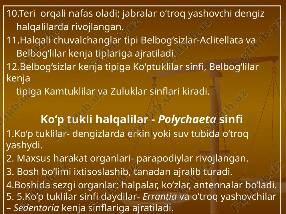 ashinadi. har bir yangi bo‘g‘imda parapodiylar hosil bo‘ladi. ko‘p tuklilarning xilma-xilligi ko‘p tuklilar asosan, dengiz va okeanlarda yashovchi 5300 ga yaqin turlarni o‘z ichiga oladi. ular orasida suvda erkin suzib yuruvchi, dengiz tubida o‘rmalab yuruvchi, ayniqsa ingichka nay ichida o‘troq yashovchi turlari ko‘pchilikni tashkil etadi. qum chuvalchangi sohilga yaqin sayozliklardagi balchiqli qumga ko‘milib yashaydi. qumni ichagi orqali o‘tkazib, undagi organik moddalar bilan oziqlanadi. ko‘pchilik ko‘p tuklilar, jumladan nereida, qum chuvalchangi, palolo ovlanadigan baliqlar uchun oziq hisoblanadi. qum chuvalchangi qum chuvalchangi inlari gigant nereis dengiz sichqoni dengiz yelpig’ichi image1.jpeg image2.jpeg image3.jpeg image4.jpeg image5.jpeg image6.jpeg image7.jpeg image8.jpeg image9.jpeg image10.jpeg image11.png image12.jpeg image13.jpeg image14.jpeg image15.jpeg image16.jpeg image17.jpeg image18.jpeg /docprops/thumbnail.jpeg