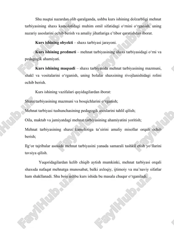 di; aqliy tarbiya – bilim olishga, tafakkur qilishga, fikr yuritishga bo‘lgan ehtiyojni rivojlantiradi; jismoniy tarbiya – sog‘lom turmush tarzini shakllantirish, jismoniy faollikni oshirishga qaratiladi; mehnat tarbiyasi – bolalarda mehnatga muhabbat, kasbga hurmat, mehnatsevarlik kabi fazilatlarni tarbiyalaydi; estetik tarbiya – go‘zallikni anglash, qadrlash, san’atni tushunish qobiliyatlarini rivojlantiradi. shaxs tarbiyasining mazmuni shaxs tarbiyasining mazmuni – bu tarbiyaviy ta’sirlar orqali insonda shakllantiriladigan sifatlar majmuidir. mazmun quyidagi elementlarni o‘z ichiga oladi: · axloqiy qadriyatlar (halollik, vatanparvarlik, odob, adolat); · bilim, ko‘nikma va malakalar (amaliy hayotda qo‘llash uchun); · ijtimoiy va fuqarolik ong (o‘z huquq va burchini tushunish); · o‘z-o‘zini baholash va boshqarish (mas’uliyat, mustaqillik); · dunyoqarash (ilm-fan va jamiyatga nisbatan ijobiy qarashlar). tarbiyaning mazmuni har doim ijtimoiy ehtiyoj va tarixiy sharoitga mos ravishda rivojlanib boradi. masalan, mustaqillik yillarida shaxs tarbiyasida vatanparvarlik, milliy qadriyatlarni qadrlash, oilaviy madaniyat, ijtimoiy faollik singari jihatlar ustuvor ahamiyat kasb etdi. shaxs tarbiyasining maqsadi shaxs tarbiyasining bosh maqsadi – har tomonlama …