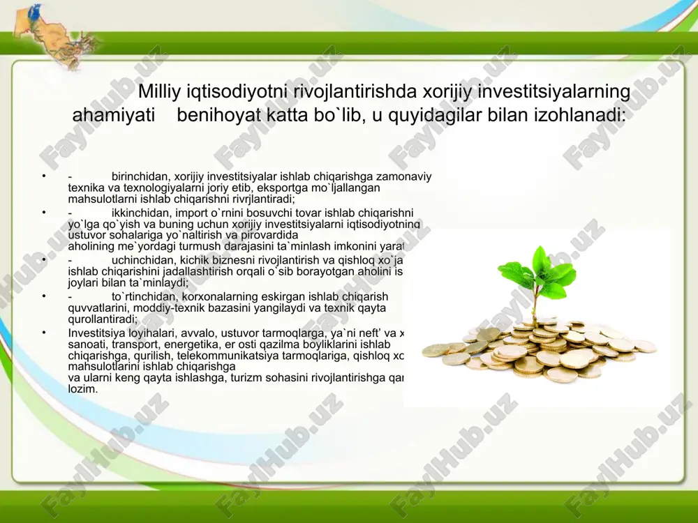 ashqarisida turli ishlab chiqarishlarga va qimmatbaho qog`ozlarga (aktsiyalar, obligatsiyalar) qo`yilishi mumkin. investitsiyalar yalpi va sof investitsiyalarga ajratiladi. korxonalarning ichki investitsiyalash imkoniyatlarini pasayishi bilan bir vaqtda markazlashgan kapital qo`yilmalarning qisqarishi, ishlab chiqarishni tushib ketishiga, milliy mahsulot hajmini mutlaq kamayishiga olib keldi. investitsiya kiritishda, avvalo: - investitsiya faoliyati sub`ektlarning mustaqilligi va tashabbuskorligi; - kiritilayotgan moddiy ne`matlarga investitsiya maqomini berish (fuqaro o`zining ehtiyojlarini qondirish uchun olgan buyumlari investitsiya bo`la olmaydi); - qonun bilan belgilangan investitsiya faoliyatini amalga oshirish imkoniyati yaratilishi zarur bo`lib hisoblanadi. investitsiyalar – bu yangi korxonalar qurilishiga, mashina va asbob-uskunalar sotib olishga, ya`ni yangi kapitalni barpo etishga ketgan harajatlardir.investitsiyaga ketgan harajatning miqdori ikki omilga bog`liq: birinchisi – sof foydaning kutilayotgan me`yori, qaysiki uni tadbirkorlar investitsiyaga ketgan harajatlaridan olishni mo`ljallaydi; ikkinchisi – foiz stavkasi yoki tadbirkor real kapitalni sotib olishga zarur bo`lgan pulga ega bo`lishi uchun to`lashi lozim bo`lgan baho. agarda, kutilayotgan foyda me`yori foiz stavkasidan yuqori bo`lsa, investitsiyalash foydali va aksincha, …