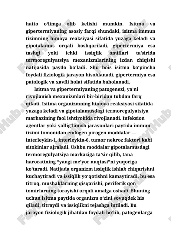 ning himoya mexanizmi sifatida qaraladi, chunki yuqori harorat ko‘plab mikroorganizmlarning ko‘payishini sekinlashtiradi va immun reaksiyalarni faollashtiradi. gipertermiyada esa termoregulyatsiya markazi faol ishtirok etmaydi, ya’ni gipotalamusning “me’yor nuqtasi” o‘zgarmaydi. bunda tashqi muhitning yuqori harorati, issiq muhitda uzoq qolish, quyosh urishi, jismoniy zo‘riqish yoki ayrim dori vositalari natijasida issiqlik ishlab chiqarish va issiqlik chiqarish o‘rtasidagi muvozanat buziladi. organizm issiqlikni chiqarishga harakat qilsa-da, bu mexanizmlar yetarli bo‘lmaydi va natijada tana harorati tez va nazoratsiz ko‘tariladi. demak, isitmada termoregulyatsiya markazi faol boshqaruvchi sifatida ishtirok etib, tana haroratini ongli ravishda yuqoriga sozlaydi, gipertermiyada esa markazning nazorati buzilmaydi, balki tashqi yoki ichki omillar tufayli issiqlik almashinuvi mexanizmlari izdan chiqadi. shu sababli isitma fiziologik jihatdan foydali jarayon bo‘lsa, gipertermiya xavfli patologik holat hisoblanadi. isitma va gipertermiyaning sabablari turlicha bo‘lib, ular infeksion va noinfeksion omillarga bo‘linadi. isitma ko‘pincha infeksion kasalliklar natijasida yuzaga keladi, chunki viruslar, bakteriyalar, zamburug‘lar yoki parazitlar organizmga tushganda immun tizimi ularni aniqlab, ularga qarshi kurashish …