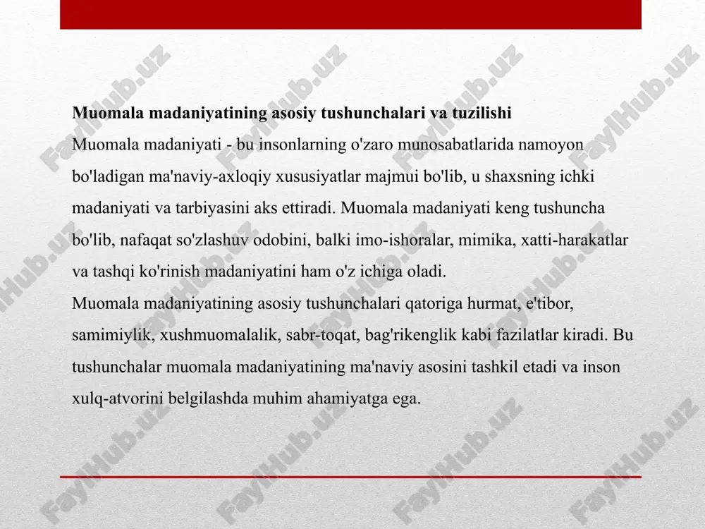 iy makon tushunchasi, ko'z kontakti, suhbat mavzulari tanlash, sovg'a berish an'analari ham farq qiladi. etiket va muomala madaniyatini rivojlantirish yo'llari etiket va muomala madaniyatini rivojlantirish jamiyat va shaxs madaniy darajasini oshirishning muhim sharti hisoblanadi. buning uchun tizimli va kompleks yondashuvga asoslangan chora-tadbirlar amalga oshirilishi lozim. etiket va muomala madaniyatini rivojlantirish jarayoni oiladan boshlanib, ta'lim muassasalari, jamoat tashkilotlari va ommaviy axborot vositalari orqali davom ettirilishi kerak. oila etiket va muomala madaniyatini shakllantirishning boshlang'ich va eng muhim poydevori hisoblanadi. oilada ota-onalar farzandlariga go'daklik chog'idanoq oddiy muomala qoidalarini - "salom", "rahmat", "iltimos", "kechirasiz" kabi so'zlarni ishlatishni o'rgatishlari lozim. ota-onalarning o'zlari bolalari uchun namuna bo'lib, o'zaro va boshqalar bilan muomalada etiket qoidalariga rioya qilishlari muhim ahamiyatga ega. image2.jpeg image3.jpeg /docprops/thumbnail.jpeg