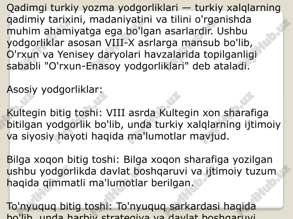 rkaziy osiyodagi diniy e'tiqodlar va ularning rivojlanishini yoritadi. xulosa: qadimgi turkiy yozma yodgorliklari markaziy osiyo tarixining ajralmas qismi bo'lib, mintaqaning madaniy, ijtimoiy va siyosiy rivojlanishini tushunishda muhim ahamiyatga ega. ularni o'rganish orqali biz nafaqat turkiy xalqlarning tarixini, balki butun markaziy osiyoning boy madaniy merosini ham anglashimiz mumkin. qadimgi turkiy yozma yodgorliklari markaziy osiyo tarixida muhim o'rin tutadi. ushbu yodgorliklar nafaqat turkiy xalqlarning madaniy va til tarixini, balki butun mintaqaning ijtimoiy-siyosiy rivojlanishini ham yoritadi. markaziy osiyodagi o'rni: madaniy aloqalar: qadimgi turkiy yozuvlar markaziy osiyoning turli hududlari o'rtasidagi madaniy aloqalarni ko'rsatadi. masalan, urxun-enasoy yozuvlaridagi ba'zi grafik xususiyatlar sug'd va pahlaviy yozuvlari bilan o'xshashligi tufayli, bu yozuvlarning kelib chiqishi haqida turli nazariyalar mavjud. ijtimoiy-siyosiy rivojlanish: bu yodgorliklar markaziy osiyodagi qadimgi davlatlar va ularning boshqaruv tizimi haqida qimmatli ma'lumotlar beradi. misol uchun, kultegin bitig toshi turkiy xalqlarning ijtimoiy tuzumi va siyosiy hayoti haqida ma'lumot beradi. diniy qarashlar: yodgorliklarda zardushtiylik kabi qadimgi dinlarning ta'siri ko'rinadi. …