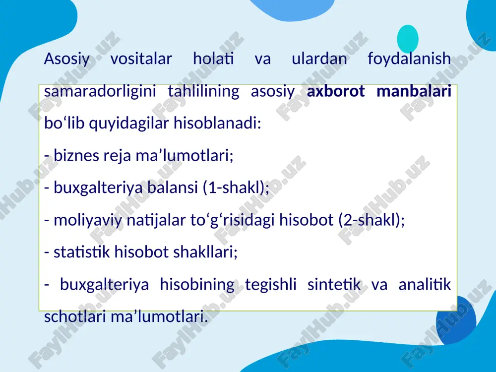 yil 101991 46259 55732 45,4 54,6 3. farqi, (+,-) "ohongoron sement ms" aj daasosiy vositalarning harakat ko‘rsatkichlari tahlili asosiy vositalar asosiy vositalar yil boshiga qoldig‘i yangidan qabul qilingan asosiy vositalar chiqib ketgan asosiy vositalar asosiy vositalar yil oxiriga qoldig‘i yangilanish koeffitsiyenti chiqib ketish koeffitsiyenti o‘tgan yil 44416 8964 4895 48485 0,185 0,110 hisobot yili 48485 24077 10240 55732 0,432 0,211 o‘zgarishi (+,-) asosiy vositalar bilan ta’minlanganlik darajasini ifodalovchi ko‘rsatkichlar va ularni aniqlash tartibi № ko‘rsatkichlar aniqlash tartibi izoh 1 asosiy vositalarning bilan ta’minlanish koeffitsiyenti (kt) kt = av / tb bu yerda: av – asosiy vositalarning o‘rtacha yillik qiymati, tb – taqsimlash bazasi bu ko‘rsatkich taqsimlash bazasi birligiga nisbatan to‘g‘ri keladigan asosiy vositalar hajmini ifodalaydi 2 asosiy vositalar bilan qurollanish koeffitsiyenti (kq) kq = av / x bu yerda: av – asosiy vositalarning o‘rtacha yillik qiymati, x – xodimlarning o‘rtacha yillik soni bu ko‘rsatkich bir xodim hisobiga to‘g‘ri keladigan asosiy …
