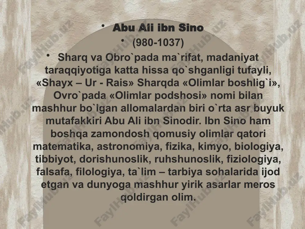 lashga qiziqish yuzaga keladi, bir-biridan qolmaslik uchun harakat, musobaqalashish istagi rivojlanadi. bularning hammasi o`qishning yaxshilanishiga yordam beradi. o`zaro suhbatda o`uvchilar bir-biriga kitobdan o`qib olganlari, kattalardan eshitganlarini hikoya qiladilar. shu jihatdan olimning «hay ibn yaqzon» asari kishilarning did – farosatini o`stirishi, fikr doirasini kengaytirishi bilan ta`lim – tarbiyada katta ahamiyatga ega. uning nomi ham shunga ishor qiladi: «hay ibn yaqzon» (uyg`oq o`g`li tirik). bu asar farosat ilmi haqida ekanligini ibn sinonining o`zi ham ta`kidalaydi. mazkur asarni ibn sino 1023 yilda hamadonga yaqin bo`lgan faradjon qal`asi qamoqxonasida yozga deyishadi image19.png image20.jpeg image21.jpeg image22.jpeg image23.jpeg image24.jpeg image25.jpeg image1.jpeg image10.jpeg image11.jpeg image12.jpeg image13.jpeg image14.jpeg image15.jpeg image16.jpeg image17.jpeg image18.jpeg image2.jpeg image3.jpeg image4.jpeg image5.jpeg image6.jpeg image7.jpeg image8.jpeg image9.jpeg /docprops/thumbnail.jpeg