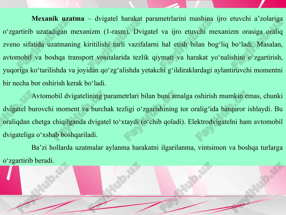 i ning o’rtacha qiymati doimiy saqlanadi. uzatish nisbati i ning oniy qiymati aylanish jarayonida davriy o’zgaradi. uzatish nisbatining tebranishi kinematik zanjirlarda, ya’ni nazorat, bo’lish va o’lchash funksiyalarini bajarishda ruxsat etilmaydi. og’ir yuklangan tezyurar uzatmalarda tish qadami va profili xatoligi tufayli qo’shimcha dinamik yuklamalar, zarbiy yuklamalar va ilashmada shovqin vujudga keladi. tishlarning yo’nalishidagi xatoliklar tishning uzunligi bo’yicha yuklamaning notekis taqsimlanishiga olib keladi. tishli uzatmalarning tayyorlanish aniqligi standart bo’yicha 12 ta aniqlik darajasi bo’yicha tartiblanadi. har qaysi aniqlik darajasi uchta ko’rsatkich orqali xarakterlanadi: 1) kinematik aniqlik me’yori, uzatish nisbatining kattaroq xatoligi yoki tishli g’ildirakni bir marta aylanish chegarasida burilish burchagining to’liq xatoligini tariblashtiradi; 2) ish ravonligi me’yori, bir marta aylanish chegarasida burilish burchagining yoki uzatish nisbatining ko’p martalik takrorlanuvchi siklik xatoligini tartiblashtiradi; 3) tishlar kontakti me’yori, ilashishdagi tutashish dog’i o’lchamlariga ta’sir qiluvchi uzatmani yig’ish va tishlarning tayyorlanish xatoliklarini tartiblashtiradi. aniqlik darajasi uzatmaning ishlash sharoiti va vazifasiga bog’liqlikda tanlanadi. 6, 7 va 8 …