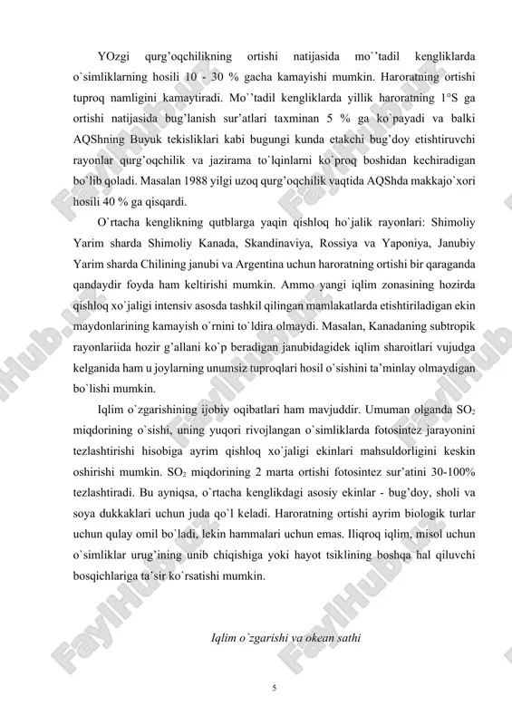 mkin. iqlim o`zgarishining ijobiy oqibatlari ham mavjuddir. umuman olganda so2 miqdorining o`sishi, uning yuqori rivojlangan o`simliklarda fotosintez jarayonini tezlashtirishi hisobiga ayrim qishloq xo`jaligi ekinlari mahsuldorligini keskin oshirishi mumkin. so2 miqdorining 2 marta ortishi fotosintez sur’atini 30-100% tezlashtiradi. bu ayniqsa, o`rtacha kenglikdagi asosiy ekinlar - bug’doy, sholi va soya dukkaklari uchun juda qo`l keladi. haroratning ortishi ayrim biologik turlar uchun qulay omil bo`ladi, lekin hammalari uchun emas. iliqroq iqlim, misol uchun o`simliklar urug’ining unib chiqishiga yoki hayot tsiklining boshqa hal qiluvchi bosqichlariga ta’sir ko`rsatishi mumkin. iqlim o`zgarishi va okean sathi oxirgi yuz yil ichida okeanning global sathi taxminan 15 sm ga ko`tarilgan. kutilayotgan global haroratning ortishi 2030 yilga borib okean sathini yana 18 sm ga ko`tarishi mumkin. agar issiqxona gazlari emissiyasining hozirgi sur’ati saqlanib qolsa 2100 yilga borib okean sathi hozirgiga qaraganda yana 65 sm ga ko`tarilishi mumkin. okean sathining ko`tarilishi past qirg’oqlar va katta bo`lmagan orollar va ayniqsa, maldiv orollari …