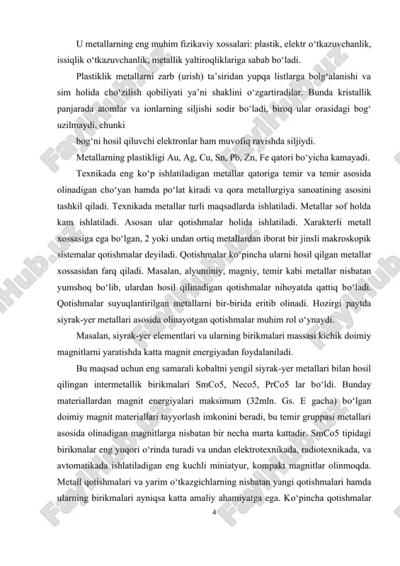 mustahkamdir. po‘lat va cho‘yan texnik toza temirga nisbatan ancha mustahkamdir. qotishmalarning xossalari faqat ularning tarkibiga emas, balki ularga issiq va mexanik ishlov berishga, ya’ni toblash va bolg‘alashga ham bog‘liq. xix - asr oxirigacha amaliyotda foydali bo‘lgan yangi qotishmalarni tajriba usuli bilan qidirganlar. faqat xix asr oxiri xx - asr boshidagina fizikaviy kimyo sohasidagi fundamental kashfiyotlar natijasida metallar xossalari bilan ulardan hosil bo‘lgan qotishmalarning xossalari o‘rtasidagi qonuniy bog‘liqlik hamda ularga issiqlik, mexanik va boshqalarning ta’siri haqidagi ta’limot paydo bo‘ldi. qotishmalarning tarkib xossalarini o‘rganish uchun ko‘p holat diagrammalari, turli sistemalar, ko‘p komponentli sistemalar uchun «tarkib - xossa» diagrammalari paydo bo‘ldi. qotishmalar va ularning xossalarini o‘rganish uchun olimlar juda ko‘plab ilmiy tadqiqotlar olib bordilar. bu tadqiqotlar asosida qotishmalar tarkibining, atomlararo bog‘lanish tiplari va kristall strukturasining turlitumanligi ularning fizik, kimyoviy elektrik, magnit, optik, mexanik va boshqa xossalari orasidagi bog‘liqliklar o‘rganildi. qotishmalar olishni yangidan - yangi zamonaviy usullari ishlab chiqildi. korroziya, unga qarshi kurashish choralari …