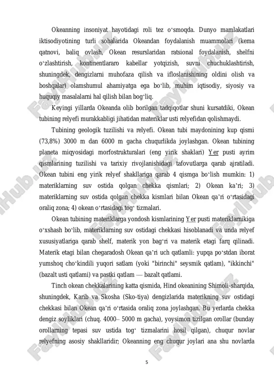 i) yer pusti ayrim qismlarining tuzilishi va tarixiy rivojlanishidagi tafovutlarga qarab ajratiladi. okean tubini eng yirik relyef shakllariga qarab 4 qismga boʻlish mumkin: 1) materiklarning suv ostida qolgan chekka qismlari; 2) okean kaʼri; 3) materiklarning suv ostida qolgan chekka kismlari bilan okean qaʼri oʻrtasidagi oraliq zona; 4) okean oʻrtasidagi togʻ tizmalari. okean tubining materiklarga yondosh kismlarining yer pusti materiklarnikiga oʻxshash boʻlib, materiklarning suv ostidagi chekkasi hisoblanadi va unda relyef xususiyatlariga qarab shelf, materik yon bagʻri va materik etagi farq qilinadi. materik etagi bilan chegaradosh okean qaʼri uch qatlamli: yupqa poʻstdan iborat yumshoq choʻkindili yuqori satlam (yoki "birinchi" seysmik qatlam), "ikkinchi" (bazalt usti qatlami) va pastki qatlam — bazalt qatlami. tinch okean chekkalarining katta qismida, hind okeanining shimoli-sharqida, shuningdek, karib va skosha (sko-tiya) dengizlarida materikning suv ostidagi chekkasi bilan okean qaʼri oʻrtasida oraliq zona joylashgan. bu yerlarda chekka dengiz soyliklari (chuq. 4000– 5000 m gacha), yoysimon tizilgan orollar (bunday orollarning tepasi …