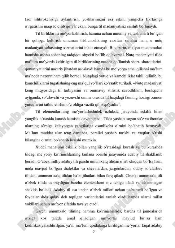 . ma’lum muddat ular teng darajada, parallel yashab turishi va vaqtlar o’tishi bilangina o’rnini bo’shatib berishi mumkin. xuddi mana shu eskilik bilan yangilik o’rtasidagi kurash va bu kurashda tildagi me’yoriy ko’rinishlarning tanlana borishi jarayonida adabiy til shakllanib boradi. o’zbek milliy adabiy tili garchi umumxalq tilidan o’sib chiqqan bo’lsa ham, unda mavjud bo’lgan dialektlar va shevalardan, jargonlardan, oddiy so’zlashuv tilidan, umuman xalq tilidan ba’zi jihatlari bilan farq qiladi. chunki umumxalq tili o’zbek tilida uchraydigan barcha elementlarni o’z ichiga oladi va ishlanmagan shaklda bo’ladi. adabiy til esa undan o’zbek millati uchun tushunarli bo’lgan va foydalanishda qulay deb topilgan variantlarini tanlab oladi hamda ularni millat vakillari uchun me’yor sifatida tavsiya etadi. garchi umumxalq tilining hamma ko’rinishlarida, barcha til jamoalarida o’ziga xos tarzda amal qiladigan me’yorlar mavjud bo’lsa ham kodifikasiyalashtirilgan, ya’ni ma’lum qoidalarga kiritilgan me’yorlar faqat adabiy tilga xos xususiyatdir. «faqat adabiy tildagina, - deydi v.a. iskovich, - qanday gapirish va qanday gapirmaslik; me’yoriy …