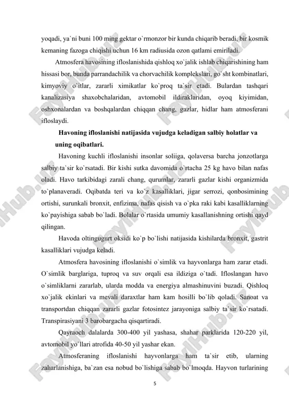 yvon turlarining kasallanib, zaharlanib, qirilib ketishida urushlarning, xususan aqshning vetnamda, laosda olib borgan urushlarida kimyoviy qurollarni qo`llash tufayli 170 qush turidan hozir 24 qush turi, 55 sut emizuvchilar turidan 5 turi qolgan. atmosferaga milliard tonnalab so2 gazining chiqarilishi natijasida sayyoramizning o`rtacha harorati 1850 yilga nisbatan 0,5os ga oshganligi aniqlangan. agar atmosferadagi so2 ning miqdori ortib boraversa, uning miqdori 2025 yilga borib 0,0379% ga etishi mumkin, bu esa er sayyorasi haroratini 1,8os gacha ko`tarilishi taxmin qilinmoqda. yer atmosferasi haroratining o`sishi, muzliklarning erishiga, suv sathining ko`tarilishiga olib keladi, bu esa ekin maydonlarini kamaytiradi, yoin-sochin miqdori ko`payib, iqlim o`zgaradi. oxirgi 25-30 yil ichida kislotali yomirlar ayrim davlatlarda haqiqiy ekologik falokatga aylanib qoldi. har qanday qazilma yoqili yondirilganda chiqindi gazlar tarkibida oltingugurt va azot qo`sh oksidlari bo`ladi. atmosferaga millionlab tonna chiqarilayotgan bu birikmalar yomirni kislotaga aylantiradi. so`nggi yillarda aqsh, kanada, germaniya, shvesiya, norvegiya, rossiya va boshqa rivojlangan davlatlarda kislotali yomirlar ta`sirida katta maydondagi o`rmonlar …