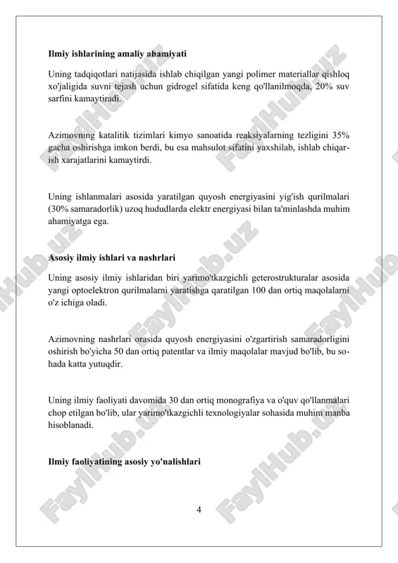 'llash" mavzusida doktorlik dissertatsiyasini muvaffaqiyatli himoya qilgan. uning doktorlik dissertatsiyasi o'zbekiston sharoitida 10-15% suvni tejash imkonini beruvchi yangi irrigatsiya usullarini ishlab chiqishga bag'ishlangan bo'lib, 15 ga yaqin ilmiy ishlar chop etishga zamin yaratdi. ilmiy hamkorlik va xalqaro aloqalar azimov tohir djurayevich germaniyaning dyusseldorf universiteti bilan hamkorlikda 20 dan ortiq ilmiy maqolalar chop etdi, bu xalqaro miqyosdagi nufuzini oshirdi. tohir djurayevich 30 dan ortiq xalqaro konferensiyalarda ishtirok etib, o'zining innovatsion g'oyalari bilan o'rtoqlashdi va 15 dan ortiq davlat olimlari bilan aloqa o'rnatdi. uning xalqaro aloqalari yevropa ittifoqining tempus dasturi doirasida 5 ta loyihani amalga oshirishga yordam berdi, bu esa ta'lim sohasidagi hamkorlikni kuchaytirdi. oilasi va yaqinlari tohir djurayevichning oilasida 5 nafar farzand bor edi, bu ularning birgalikdagi hayotining muhim qismi bo'lib, uning shaxsiy hayotiga katta ta'sir ko'rsatdi. azimov tohir djurayevichning otasi djurayevich, ikkinchi jahon urushi qatnashchisi bo'lgan, bu uning hayotiga chuqur ta'sir ko'rsatgan. uning rafiqasi, mohira opa, uning ilmiy izlanishlarida doimo …