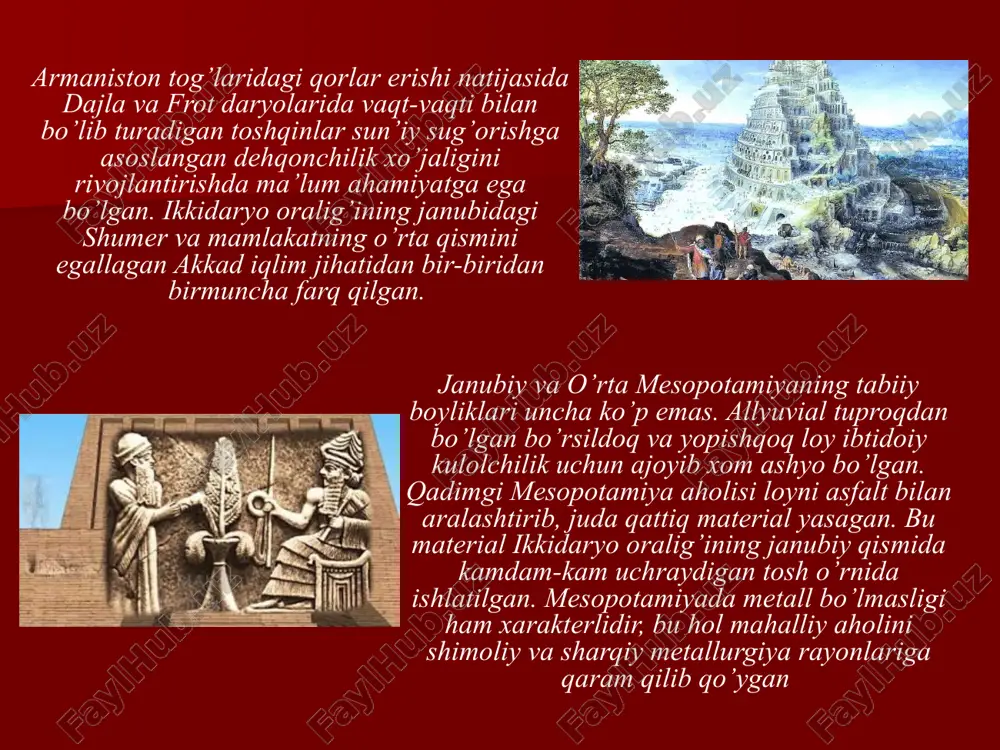n tanishish imkoniyati yetarli edi. qadimgi mesopotamiya tarixiga oid ktesiy qoldirgan ma’lumotlar ham xuddi gerodotniki singari afsonalar, xalq ertaklari va kohinlarning hikoyalariga asoslanganligi bilan xarakterlidir. diodor (mil. avv. i asr) va strabon (mil. avv. i asr oxiri milodiy i asr boshlari) lar ham gerodotning izidan borib ikki daryo oralig’ining tabiati, aholisining turmush-tarzi, urf-odatlari, nikoh hamda dafn marosimlari haqidagi ma’lumotlarni yozib qoldirganlar. strabon yana mesopotamiyaning qishloq xo’jaligi haqida batafsil to’xtalib o’tgan. yunon-rim mualliflarining ishini mil. avv. iv-iii asrlarda yashagan beros davom ettirgan. mesopotpamiya tarixiga oid uchinchi guruh manbalar moddiy-madaniyat yodgorliklari bo’lib, ularning eng yorqin namunasi mixsimon yozuvlardir. mixxat yozuvlari bilan yevropaliklarni birinchi bo’lib italiyalik savdogar petro della velle tanishtirgan. u doro i ning persepoldagi saroyi devorlariga yozilgan mixxat yozuvlaridan ko’chirma olib ketadi. mix shaklidagi naqshga o’xshovchi bu yozuvni o’qishga kirishgan shaxs karsten bo’lsada, uning alifbo ekanligini isbotlash nibburga nasib etadi. u mixxatlarning uch sistemasini hamda 42 belgidan iborat ekanligini aniqlaydi. u …