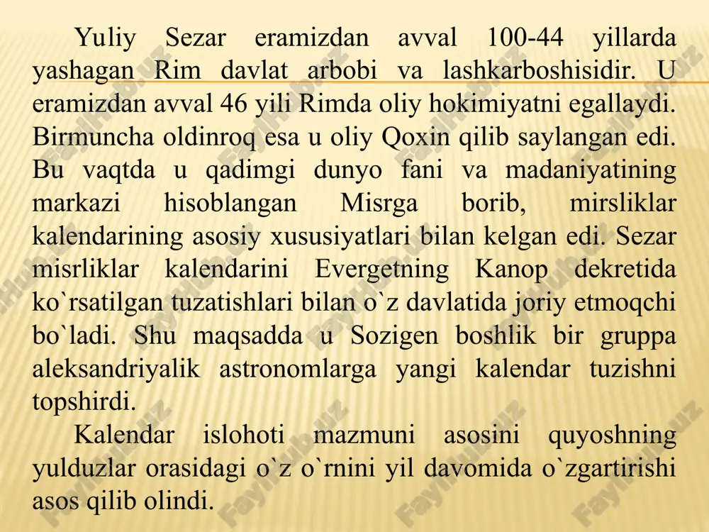 11 noyabr 30 6 iyun 30 12 dekabr 31 bu o`zgartirishlar uzun va qisqa oylarning sozigen tomonidan tuzilgan ajoyib almashish tartibini butunlay buzib yuborgan. sezar tomonidan yilning boshlanishi martdan yanvarga ko`chirilishi natijasida bizga tartib nomerlari o`zlari joylashgan o`rinda to`gri kelmaydigan oylar meros qolgan. ularning nomlari, tabiat xodisalaridan mutlaqo foydalanmagan; ular qadimgi butparast rimliklar xudolarning va imperatorlarning nomlari bilan aloqadordir. mart yilning birinchi oyi edi, u endi ikkinchi oyga aylangan. boshqa oylar ham nomiga nisbatan oldinga siljigan: sentabr, bu so`z lotincha - yettinchi oy bo`lishi kerak edi, u to`qqizinchi oyga aylangan. oktabr (sakkizinchi) o`ninchi oyga, noyabr (to`qqizinchi)- o`n birinchi oyga, dekabr (o`ninchi)- o`n ikkinchi oyga aylanib qolgan. bu o`zgarishlardan keyin ham yil oylarining nomlari va oy kunlarining soni o`zgarmay bizgacha yetib kelgan abu rayxon beruniy 27 yanvarda 1000 yilda yozib tomomlagan, “osor al-boqiya”(“qadimgi xalqlardan qolgan yodgorliklar”) kitobida rim kalendarini tavsiflagan; rimliklarga kelsak, ularning oylari hamisha o`n ikkita bo`lib, ularning nomlari mana …
