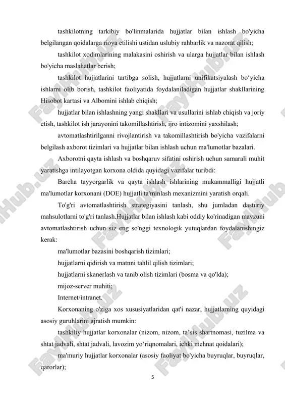 , buyruqlar, qarorlar); kadrlar hujjatlari korxonalar (kadrlar to'g'risidagi buyruqlar, mehnat shartnomalari (shartnomalari), shaxsiy fayllar, shaxsiy kartochkalar f. t-2, shaxsiy ish haqi hisoblari, mehnat daftarchalari); moliyaviy va buxgalteriya hujjatlari korxonalar (bosh kitob, yillik hisobotlar, buxgalteriya balansi, foyda va zararlar hisobi, tekshirish dalolatnomalari, inventarizatsiya, rejalar, hisobotlar, smetalar, hisoblar, kassa kitoblari va boshqalar); ma'lumot va ma'lumotnoma hujjatlari korxonalar (aktlar, xatlar, fakslar, ma'lumotnomalar, telefon xabarlari, memorandumlar, tushuntirish yozuvlari, protokollar va boshqalar). hukumatdan va shahar tashkilotlari korxona o'z faoliyatining turli masalalarini tartibga soluvchi hujjatlarni olishi mumkin (soliqlar, xavfsizlik muhit va h.k.). ushbu hujjatlar alohida guruhni tashkil qiladi - yuqori organlarning normativ hujjatlari. mustaqil guruhda tadbirkorlik faoliyatining asosiy hujjatlari bo'lgan tijorat shartnomalarini (shartnomalarini) ajratish mumkin. ushbu hujjatlarning barchasi boshqaruv yoki tashkiliy-ma'muriy hujjatlarga (ord) tegishli. istisno - kompilyatsiya va qayta ishlashning o'ziga xos xususiyatlariga ega bo'lgan moliyaviy va buxgalteriya hujjatlari. rossiya davlat arxiv xizmati (rosarchiv) va uning organlari o'z xalqlarining tarixiy, ilmiy, ijtimoiy, iqtisodiy yoki madaniy ahamiyatga …