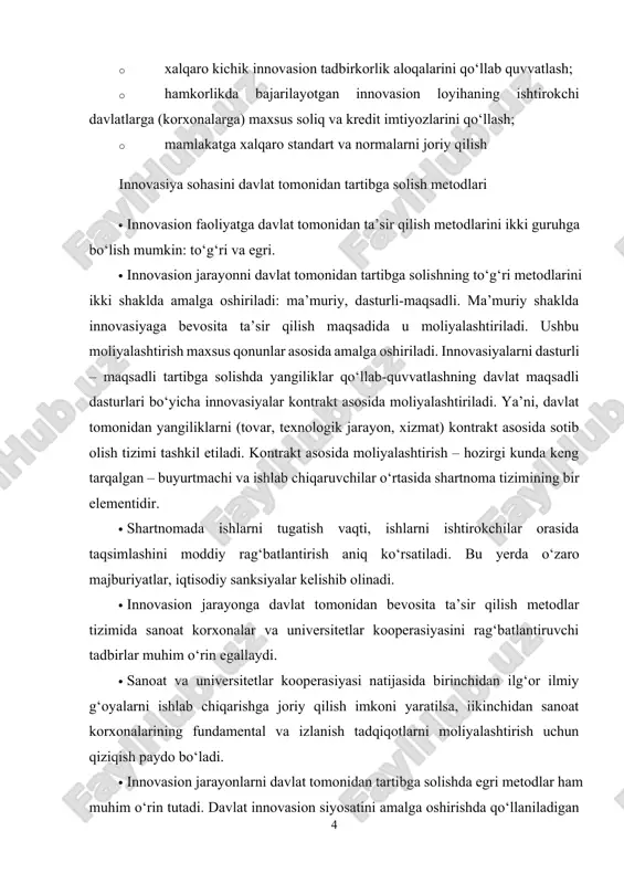 aniladigan ushbu metodlar birinchidan innovasion jarayonlarni rag‘batlantirishga va ikkinchidan innovasion faoliyat uchun qulay muhit (iqtisodiy, ijtimoiy va psixologik) yaratishga yo‘naltirilgan. innovasion faoliyatni davlat tomonidan tartibga soluvchi egri metodlarning tarkibi, tuzilishi va mazmuni turlicha. ushbu metodlarga soliq imtiyozlari va kredit imtiyozlarini kiritish mumkin. 1. soliq imtiyozlari quyidagi ko‘rinishlarda bo‘ladi: perspektiv innovasion ishlamalarni amalga oshirishga yo‘naltirilgan korxona foydasini soliqdan ozod qilinadi; ilmiy-texnik mahsuloti sotishdan olingan ilmiy institut va oliy o‘quv yurtlarining valyuta mablag‘lari soliqqa tortilmaydi; ilmiy-texnika tashkilotlarining mulki, yeri kamaytirilgan qo‘shimcha qiymat solig‘iga tortish; korxona (firma)larning yangiliklarni joriy qilish hisobiga olingan foydasi ma’lum davrga imtiyozli soliqqa tortish. innovasion faoliyatni davlat tomonidan boshkarishning xorijiy tajribalari 1. ushbu tadqiqotning ob’yekti bulib jaxondagi eng rivojlangan davlatlar tanlab olindi: aksh, yaponiya, germaniya, angliya, fransiya. tadqiqot predmeti: innovasion faoliyatni muvofiqlashtiruvchi davlat organlari, moliyalashtirish, kredit va solik tizimidagi imtiyozlar, tashki iqtisodiy faoliyat; innovasion faoliyatning ilmiy - metodik va axborot ta’minotini qo‘llab quvvatlashning shakllari; kooperasiya va ishlab chiqarilayotgan mahsulotlarning …