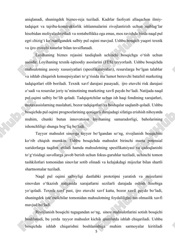 loyihaning samaradorligi, baholarining ishonchliligi shunga bog‘liq bo‘ladi. tayyor mahsulot sinovga tayyor bo‘lgandan so‘ng, rivojlanish bosqichini ko‘rib chiqish mumkin. ushbu bosqichda mahsulot birinchi marta potensial xaridorlarga taqdim etiladi hamda mahsulotning spesifikatsiyasi va qadoqlanishi to‘g‘risidagi savollarga javob berish uchun fokus-guruhlar tuziladi, uchinchi tomon tashkilotlari tomonidan sinovlar sotib olinadi va kelajakdagi mijozlar bilan shartli shartnomalar tuziladi. naqd pul oqimi salbiyligi dastlabki prototipni yaratish va mijozlarni sinovdan o‘tkazish natijasida xarajatlarni sezilarli darajada oshish hisobiga yo‘qoladi. texnik xavf past, ijro etuvchi xavf katta, bozor xavfi paydo bo‘ladi, shuningdek iste’molchilar tomonidan mahsulotning foydaliligini tan olmaslik xavfi mavjud bo‘ladi. rivojlanish bosqichi tugagandan so‘ng, sinov mahsulotlarini sotish bosqichi boshlanadi, bu yerda tayyor mahsulot kichik qismlarda ishlab chiqariladi. ushbu bosqichda ishlab chiqarishni boshlanishiga muhim sarmoyalar kiritiladi shuningdek, birinchi daromad paydo bo‘ladi, buning natijasida naqd egilib egri chiziq xosil qoladi. o‘sish darajasi past, tejamkorlik miqyosi yo‘q. bozor xavfi o‘sib bormoqda, texnik xavf deyarli yo‘q bo‘lib ketmoqda, ijro etuvchi xavf hali …