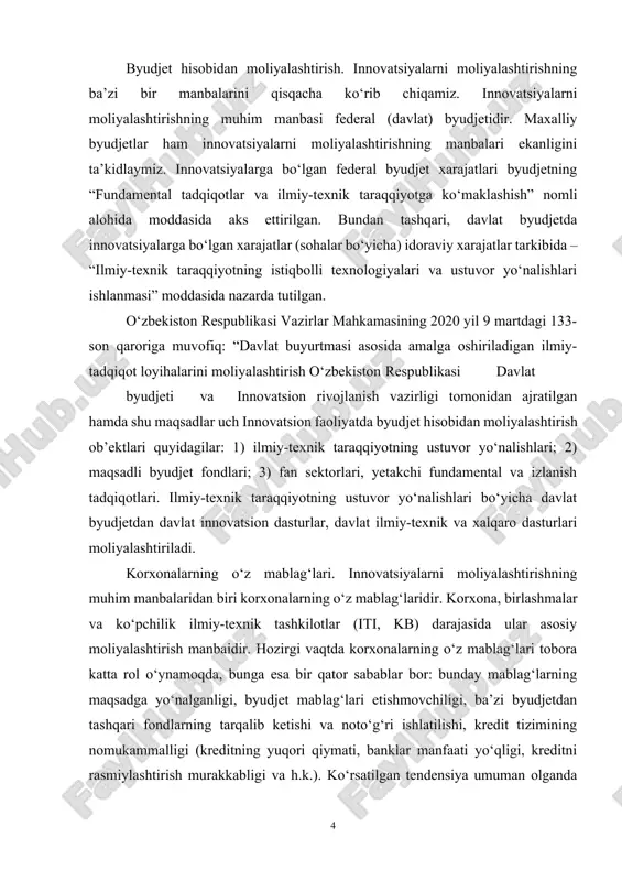 ning maqsadga yo‘nalganligi, byudjet mablag‘lari etishmovchiligi, ba’zi byudjetdan tashqari fondlarning tarqalib ketishi va noto‘g‘ri ishlatilishi, kredit tizimining nomukammalligi (kreditning yuqori qiymati, banklar manfaati yo‘qligi, kreditni rasmiylashtirish murakkabligi va h.k.). ko‘rsatilgan tendensiya umuman olganda sanoati rivojlangan mamlakatlarda milliy innovatsion tizimlari uchun ham xarakterli ekanini ta’kidlab o‘tamiz. korxonalarning o‘z mablag‘lari o‘sishiga bo‘lgan tendensiya moliyalashtirish tizimi yo‘nalganligining yangiliklarning (mahsulot, texnologik, tashkiliy-boshqaruv) tezkor tadbiq qilinishi va qo‘llanilishiga jadallanishini aks ettiradi. innovatsion rivojlanishga o‘z mablag‘larini sarflab, korxona (birlashma, firma) lar yangiliklarni realizatsiyasidan tez samara olishda ko‘proq manfaatdordir. shubhasiz, aniqlangan tendensiyalar kelajakda ham saqlanib qoladi. bunda federal byudjet mablag‘lari muhim, keng ko‘lamli federal kompleksli innovatsion dasturlar bajarilishiga qaratilishi nazarda tutiladi. korxonalarning o‘z mablag‘lari asosan daromad, amortizatsion ajratmalar, ba’zan eksportdan daromad, ro‘yxatdan chiqqan va ortiqcha mol-mulk realizatsiyasi hisobidan shakllanadi. amortizatsion ajratmalar o‘z mablag‘larning 50% dan, daromad – 30% dan ortig‘ini tashkil etadi. amortizatsion ajratmalarning korxonalar o‘z mablag‘laridagi ulushidan qa’ti nazar innovatsiyalarni moliyalashtirish tizimini takomillashtirish nuqtai nazaridan quyidagilar …