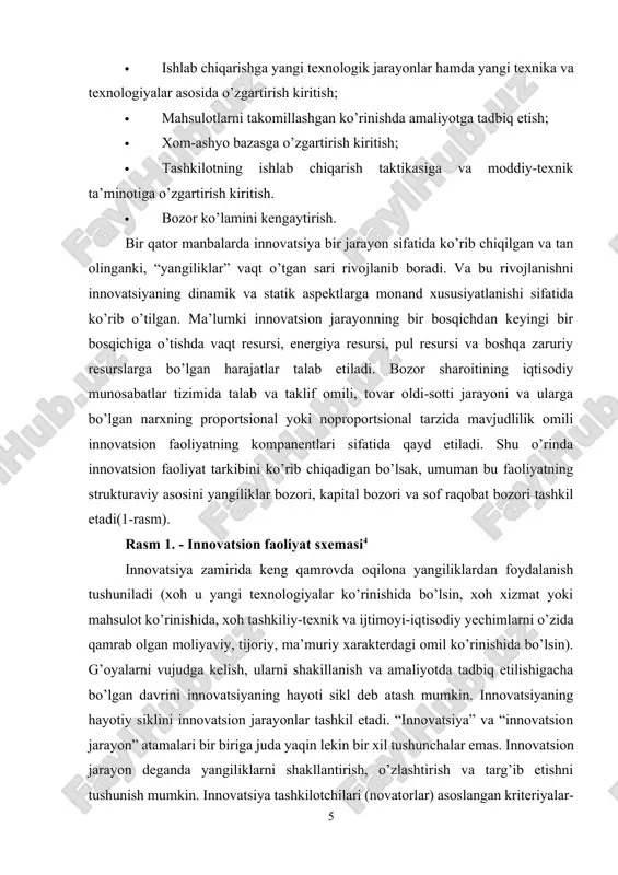 irida keng qamrovda oqilona yangiliklardan foydalanish tushuniladi (xoh u yangi texnologiyalar ko’rinishida bo’lsin, xoh xizmat yoki mahsulot ko’rinishida, xoh tashkiliy-texnik va ijtimoyi-iqtisodiy yechimlarni o’zida qamrab olgan moliyaviy, tijoriy, ma’muriy xarakterdagi omil ko’rinishida bo’lsin). g’oyalarni vujudga kelish, ularni shakillanish va amaliyotda tadbiq etilishigacha bo’lgan davrini innovatsiyaning hayoti sikl deb atash mumkin. innovatsiyaning hayotiy siklini innovatsion jarayonlar tashkil etadi. “innovatsiya” va “innovatsion jarayon” atamalari bir biriga juda yaqin lekin bir xil tushunchalar emas. innovatsion jarayon deganda yangiliklarni shakllantirish, o’zlashtirish va targ’ib etishni tushunish mumkin. innovatsiya tashkilotchilari (novatorlar) asoslangan kriteriyalar-ga binoan ish yuritadilarki, ijobiy natijalar sifatida iqtisodiy samaradorlik yaqqol namoyon bo’ladi. ularning strategiyasi, asosan sof raqobat muhitida aniq bir jabhada yangilik yaratgan holda raqobatchilardan o’tib ketishga qaratilgan. ilmiy-texnik ishlab chiqilmalar va yangiliklar, ilmiy ishlab chiqarish siklning oraliq natijasi ko’rinishida namoyon bo’ladi va amaliy qabul qilish mobaynida so’nggi natija sifatida ilmiy-texnik innovatsiyani o’zida akslantiradi. ilmiy-texnik ishlab chiqilmalar va kashfiyotlar, amaliyotda qo’llanishi nazarda tutilagan ilmlarga …