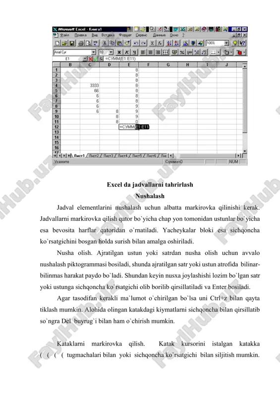 ish vaqtining narxi yozilgan, ye ustunda esa shu ishni bajarish uchun to`lanadigan so`m yozilgan. e16 yacheykaga hamma ishlar summasi yozish talab qilinadi: = e12+e13+e14. hosil bo`lgan summadan qo`shimcha qiymat solig`ini undirish uchun uni (0.15) - ga ko`paytiring: = e16*0.15 endi e19 yacheykada qo`lga beriladigan so`mni hisoblash kerak. buning uchun quyidagi amallarni bajarish lozim : = ( e12+e13+e14)*1.15 ammo = ye16+ye17 bajarish lozim edi. bundan tashqari summ funksiyasidan ham foydalanish lozim edi: = cumm ( ye12:e14)*1.15 excel da menyu bilan ishlash. ishchi varaqlari nomini o`zgartirib saqlash. ishchi varaqlarining nomini o`zgartirish uchun «fayl» menyusi ochilib undan «soxranit kak » buyrug`i bilan muloqot oynaga kiriladi va u yerda yangi nom kiritiladi va ok bosiladi. qator va ustun o`lchovlarini o`rnatish. avvalo qator yoki ustun ajratiladi, ya`ni markirovka qilinadi. buning uchun istalgan ustunni tanlab uning sarlavhasiga sichqoncha bilan qirsillatiladi. so`ngra format menyusidan « stolbets» tanlanadi. unda «shirina» width direktivasi chaqirilsa muloqot oynasi ochiladi. bu muloqotda …