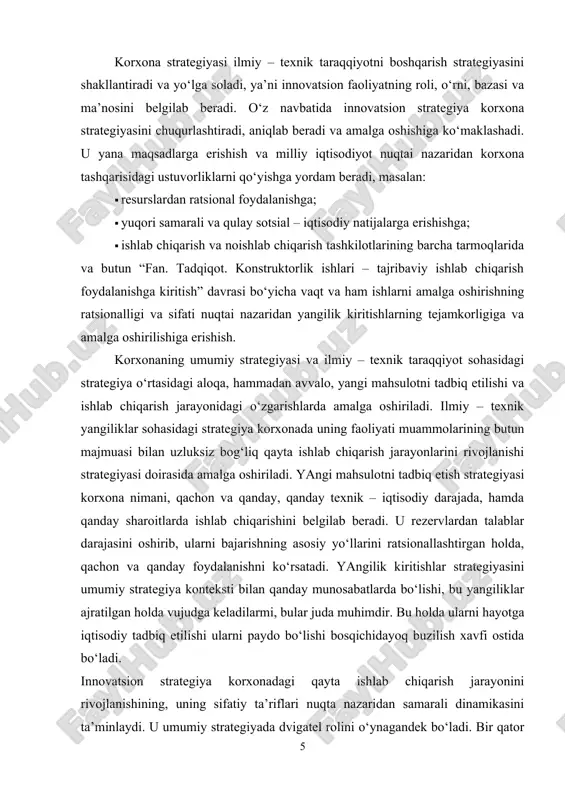 hsulotni tadbiq etish strategiyasi korxona nimani, qachon va qanday, qanday texnik – iqtisodiy darajada, hamda qanday sharoitlarda ishlab chiqarishini belgilab beradi. u rezervlardan talablar darajasini oshirib, ularni bajarishning asosiy yo‘llarini ratsionallashtirgan holda, qachon va qanday foydalanishni ko‘rsatadi. yangilik kiritishlar strategiyasini umumiy strategiya konteksti bilan qanday munosabatlarda bo‘lishi, bu yangiliklar ajratilgan holda vujudga keladilarmi, bular juda muhimdir. bu holda ularni hayotga iqtisodiy tadbiq etilishi ularni paydo bo‘lishi bosqichidayoq buzilish xavfi ostida bo‘ladi. innovatsion strategiya korxonadagi qayta ishlab chiqarish jarayonini rivojlanishining, uning sifatiy ta’riflari nuqta nazaridan samarali dinamikasini ta’minlaydi. u umumiy strategiyada dvigatel rolini o‘ynagandek bo‘ladi. bir qator sanoati rivojlangan mamlakatlarda xuddi innovatsion strategiya korxonaning raqiblar, iste’molchilar, etkazib beruvchilar bilan munosabatlarini ta’riflaydi. korxona umumiy strategiyasining turi uncha bog‘liqdir. demak, innovatsion strategiya yo‘nalishlarini belgilash, istiqbolli rivojlanishning ustuvorliklarini tanlash, korxonani rivojlanishi va sanab o‘tilgan, maqsadlarga erishish uchun tadbirlar majmuasiga talablarni ishlab chiqish bo‘yicha maqsadga qaratilgan faoliyatdan iborat bo‘ladi. 4.3. korxonaning innovatsion strategiyasini shakllantirish innovatsion …