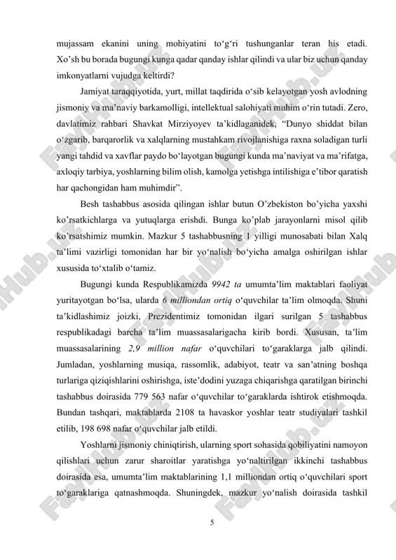 tr va sanʼatning boshqa turlariga qiziqishlarini oshirishga, isteʼdodini yuzaga chiqarishga qaratilgan birinchi tashabbus doirasida 779 563 nafar oʻquvchilar toʻgaraklarda ishtirok etishmoqda. bundan tashqari, maktablarda 2108 ta havaskor yoshlar teatr studiyalari tashkil etilib, 198 698 nafar oʻquvchilar jalb etildi. yoshlarni jismoniy chiniqtirish, ularning sport sohasida qobiliyatini namoyon qilishlari uchun zarur sharoitlar yaratishga yoʻnaltirilgan ikkinchi tashabbus doirasida esa, umumtaʼlim maktablarining 1,1 milliondan ortiq oʻquvchilari sport toʻgaraklariga qatnashmoqda. shuningdek, mazkur yoʻnalish doirasida tashkil etilgan turli sport musobaqalariga oʻquvchilar faol ishtirok etmoqda va barcha taʼlim muassasalari qamrab olindi va bu davom etmoqda. shuningdek, aqshning “one-on-one basketball” kompaniyasining “harlem globetrotters” jamoasining t.e.a.m.up dasturi asosida 3 ming nafar oʻquvchilar uchun mahorat saboqlari tashkil etildi. uchinchi tashabbus – aholi va yoshlar oʻrtasida kompyuter texnologiyalari va internetdan samarali foydalanishni tashkil etishga qaratilgan boʻlib, ushbu tashabbus doirasida shu kunga qadar 444 607 nafar oʻquvchilarimiz toʻgaraklarga jalb qilindi. shu bilan bir qatorda, davlat-xususiy sheriklik shartlari asosida “intech robotics” mchj va …