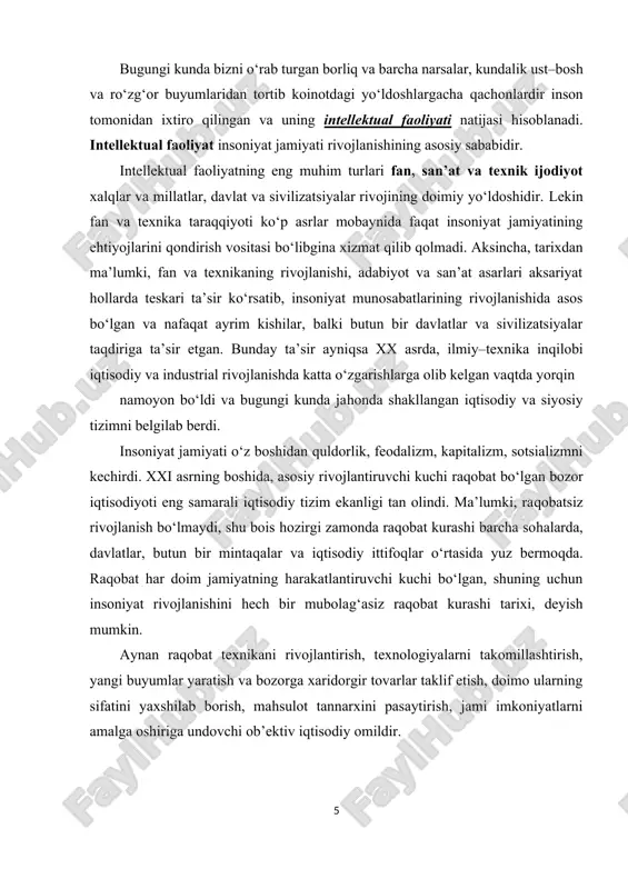 iyalarning uzluksiz oqib kirishi, yangi tovarlarning bozorga chiqarilishi uchun qanday sharoit yaratish zarur degan vazifa turibdi. inson muayyan narsaga xo‘jayinlik yoki mulkka egalik huquqini qo‘lga kiritgan taqdirdagina undan samarali va oqilona foydalanish yo‘llarini izlaydi. bundan shunday mantiqiy xulosa kelib chiqadiki, insonning bilim olish, ixtiro qilishga tabiiy intilishi va ijodi mahsulidan iqtisodiy samara olinishi bir–biriga mos kelgandagina u o‘zining ijodiy salohiyatidan oqilona foydalana oladi, shu bois doimiy izlanishdan manfaatdor bo‘ladi. faqat mulk egasigina o‘z mulkidan yuqori darajada samarali va oqilona foydalanib, uni boshqara oladi. bunday iqtisodiy rag‘batlantirishning eng maqbul usuli shundan iboratki, inson o‘z intellektual salohiyati natijalariga mulkchilik huquqiga ega bo‘lishi, ya’ni, intellektual mulkka egalik qilishi kerak. zero undan boshqa hech kim bu natijalarga xo‘jayinlik qila olmasin. faqat uning o‘zigina intellektual ijodi natijalaridan o‘z istagicha foydalanish va boshqa shaxslarga sotish borasida mutlaq huquqqa ega bo‘ladi. shu yerda biz hozirgi vaqtda jahondagi eng muhim tushunchalardan biri hisoblagan intellektual mulk tushunchasiga duch kelamiz. …