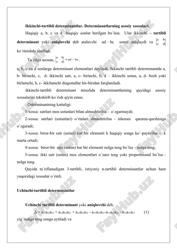 rish, t(j) – asosiydan j o`rin almashtirishga o`tishda transpozitsiyalar soni. ko`paytmaga determinantning hadi deyiladi. n – tartibli determinant n2 haqiqiy son – elementlar orqali aniqlanadi va yi-g`indi n! ta haddan iborat. determinantlarning xossalari minor va algebraik to`ldiruvchilar haqida tushuncha n- tartibli δ = |aik| determinant berilgan bo`lib, uning ixtiyoriy i-satrini va ixtiyoriy k-ustunini o`chiramiz. qolgan ifoda (n-1)– tartibli determinant-ni tashkil etadi va aik elementning minori deyiladi. aik element minori μik yozuv bilan belgilanadi. aik elementning algebraik to`ldiruvchisi yoki ad`yunkti deb, αik = (-1)i+k μik kattalikka aytiladi. masalan, uchinchi tartibli δ = |aik| determinantning a12 elementi minori m12 va algebraik to`ldiruvchisi a12 mos ravishda: determinantlarning xossalari ixtiyoriy n- tartibli determinant o`zining asosiy xossalaridan (1 – mav-zuga qaralsin) tashqari, qo`shimcha ravishda quyidagi xossalarga ham ega. 6-xossa: determinantning ixtiyoriy satri yoki ustuni elementlarining o`z algebraik to`ldiruvchilariga ko`paytmalarining yig`indisi uning kattaligiga teng: (1) (2) (1) yig`indi n-tartibli determinantni i- satr elementlari bo`yicha yoyish formulasi …