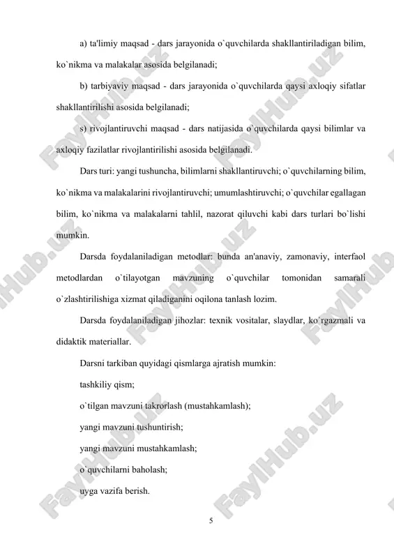 , metodistlari tomonidan haftasiga kamida 2 soat, ta'lim muassasalari direktorlari, ularning o`rinbosarlari tomonidan 4 soat, fan metodbirlashma rahbari tomonidan 2 soat, o`qituvchilar tomonidan 1 soat o`qituvchilar darslari kuzatilishi va tahlil qilinishi belgilangan. dars kuzatish va tahlil qilish orqali o`quvchilarning umumiy tayyorgarligi, bilim olishdagi faolliklari, fanga bo`lgan qiziqishlari, o`quv materiallari va jihozlar bilan mustaqil ishlay bilishlari, o`qituvchiga bo`lgan munosabatlari aniqlanib, tahlilga tortiladi. bunda asosiy mezonlar sifatida o`qituvchi tomonidan dars maqsadining to`g`ri qo`yilganligi, o`quv dasturi asosida dars jarayonini to`g`ri rejalashtirishi, materiallarini bilish darajasi, yangi mavzuni tushuntirish jarayonida asosiy g`oyani ajratib olishi, ilmiylik, ko`rgazmalilik tamoyillariga rioya qilishi, darsda hamkorlikka erisha olishi, bilim va ko`nikmalarni o`zlashtirishni nazorat etishi, dars mobaynida vaqtdan unumli foydalanishi va pedagogik muomala madaniyatini egallaganlik darajasi kabi jihatlar inobatga olinadi. unutmangki, sifatli dars - bu, o`quvchilar tomonidan samarali o`zlashtirilgan dars. dars boshlangandan keyin hech kimning ushbu jarayonga halaqit berishiga yo`l qo`yilmaydi. darsning tahlili quyidagi turlarga bo`linadi: 1.ilmiy tahlil. 2.psixologik tahlil. 3.metodik …