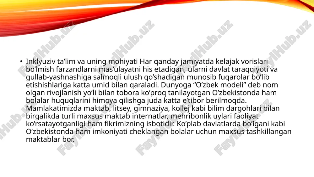 lmaydilar, hatto qo’ltiqtayoqda yuradigan bolalar ham, qiynalishlari mumkin. demak, zinapoyalardan ham , eshiklardan ham sog’lom bolalar bilan birga nogiron bolalar ham bemalol o’tishlari uchun qulay sharoit - 10 - yaratilishi shart. bundan tashqari, sinf xonalari va laboratoriyalardagi maxsus o’rindiq hamda moslamalar ham nogiron bolalarga mos bo’lishi kerak. o’qishga imkon yaratish ham juda muhimdir. yozish qobiliyatlarida buzilish mavjud bo’lgan bolalarga tovush va tasvirni kattalashtirish etarli bo’lmaydi. bunda o’quvchilar imo-ishora yoki brayl xatini puxta o’rganishlari kerak. aqliy nuqsoni bor bolalar soddalashtirilgan yozma yoki og’zaki informatsiyani olishlari kerak. o’quv rejasini bunday differensiyalash o’qituvchilarda o’z ishlariga ijodiy yondashishni taqozo etadi. maktab ma’muriyati buning uchun o’qituvchilarga imkon yaratib berishi kerak. bunday ijodiy yondashuv o’quv rejasiga qattiq talab qo’yilgan joylarda birmuncha qiyinchilik tug’dirishi mumkin. “bolalarni qutqaring” (buyuk britaniya) tashkiloti, uning boshqa mamlakatlardagi tashkilotlari inklyuziv ta’limdagi asosiy to’siqlarni xalq ta’limi tizimi va maktablarga qo’yadi. bizning fuqarolik jamiyatiga qadam qo’yayotgan davlatimizda bunday to’siqlarni o’z-o’zini boshqarishning milliy modeli bo’lgan …