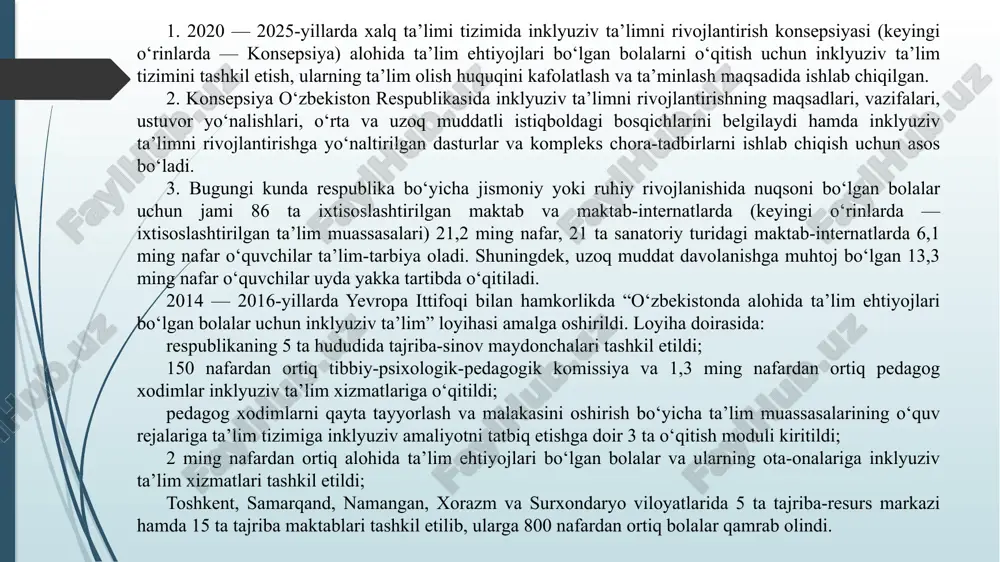 ‘lgan o‘quvchilar umumiy o‘rta ta’lim maktablariga qaytarildi. hozirgi kunda 3,2 mingdan ortiq umumiy o‘rta ta’lim maktablarida 13 ming nafarga yaqin o‘quvchilar inklyuziv ta’lim bilan qamrab olingan. 4. shu bilan birga, xalq ta’limi tizimida alohida ta’lim ehtiyojlari bo‘lgan bolalarni o‘qitish uchun inklyuziv ta’lim tizimini tashkil etish, ularning ta’lim olishga bo‘lgan teng huquqlarini ta’minlash borasida ayrim bo‘shliq va kamchiliklar mavjud, shu jumladan: a) inklyuziv ta’limni tashkil etish sohasida: alohida ta’lim ehtiyojlari bo‘lgan bolalar o‘qitiladigan ayrim ta’lim muassasalarida ular uchun to‘siqsiz muhit va imkoniyatlar yaratilmagan; alohida ta’lim ehtiyojlari bo‘lgan bolalar o‘qitiladigan ta’lim muassasalari zarur adabiyotlar, metodik qo‘llanmalar, turli kasblarga o‘qitishga mo‘ljallangan uskuna va jihozlar bilan to‘liq ta’minlanmagan; alohida ta’lim ehtiyojlari bo‘lgan bolalarning bilim olish huquqi, inklyuziv ta’lim tizimining mazmun-mohiyati haqida jamoatchilik o‘rtasida tushuntirish ishlarini olib borish yo‘lga qo‘yilmaganligi natijasida ota-onalar alohida ta’lim ehtiyojlari bo‘lgan farzandlarini umumta’lim muassasalarida o‘qitishi mumkinligi haqida yetarli ma’lumotga ega emas; alohida ta’lim ehtiyojlari bo‘lgan bolalar ta’lim-tarbiyasi uchun qo‘shimcha sharoitlar …