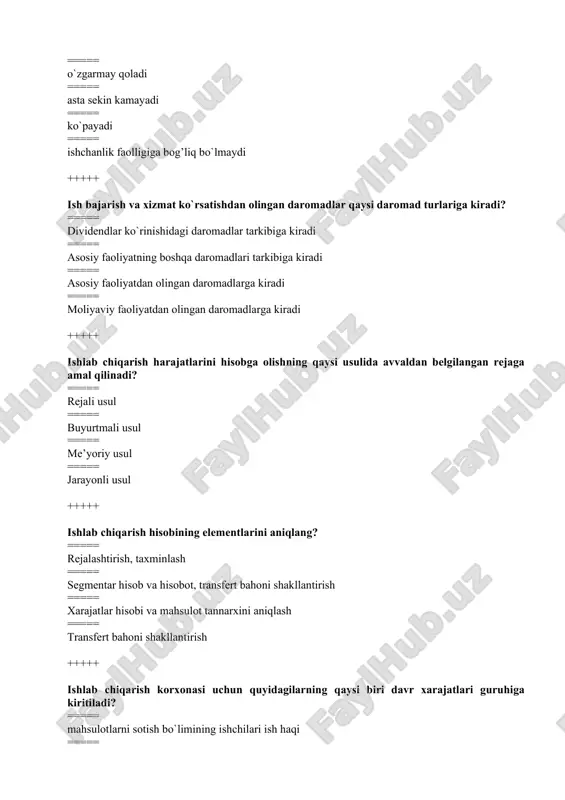 adi nima? ===== nazorat organiga ma’lumot berish ===== tashqi foydalanuvchilarga ma’lumot berish ===== qonunchilik organiga ma’lumot berish ===== ichki foydalanuvchilarga ma’lumot berish +++++ baholash – bu…. ===== xo`jalik mablag’lari va jarayonlarini pul o`lchov birligida ifodalash ===== mahsulot tannarxini aniqlash ===== kassada tushumni aniqlash ===== ombordagi materiallarni qayta ro`yxatdan o`tkazish +++++ buxgalteriyada doimiy xarajatlar deyilganda ……… ===== material xarajatlari tushuniladi ===== mahsulotlarni ishlab chiqarish hajmi o`zgarsa ham o`zgarmaydigan xarajatlar tushuniladi ===== iqtisodiy inqiroz ta’sir qilmaydigan xarajatlar tushuniladi ===== rahbar tomonidan bevosita nazorat qilinmaydigan xarajatlar yig’indisi tushuniladi +++++ boshqa operatsion xarajatlar qaysi xarajat turlariga kiradi? ===== davr xarajatlari tarkibiga kiradi ===== moliyaviy faoliyat bo`yicha xarajatlar tarkibiga kiradi ===== mahsulot tannarhiga kiruvchi xarajatlar tarkibiga kiradi ===== favqulotda zararlar tarkibiga kiradi +++++ boshqaruv hisobi g’arb mamlakatlarida qachon yuzaga kelgan? ===== 1950-1960 yillarda ===== 1870-1880 yillarda ===== 1990-1995 yillarda ===== 1970-1980 yillarda +++++ boshqaruv hisobi hisobotlari kim tomonidan tasdiqlanadi? ===== adliya vazirligi tomonidan ===== moliya …