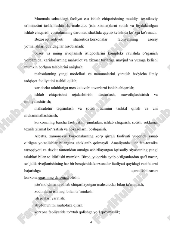 ste’mol uchun mahsulotlarni tayyorlash; mahsulotlarni iste’molchilarga yetkazib berish va sotish; sotuvdan keyin xizmat ko‘rsatish; ishlab chiqarishning moddiy-texnika asosini ta’minlash; xodimlar mehnatini tashkil qilish va boshqarish; soliqlarni to‘lash, budjetga to‘lanuvchi ixtiyoriy yoki majburiy badal va to‘lovlarni amalga oshirish; amaldagi standartlar, normativlar va davlat tomonidan chiqarilgan qonun-qoidalarga rioya qilish. bu funksiyalar korxonalarning hajmi, qaysi tarmoqqa mansubligi, ijtimoiy infratuzilmaning mavjudligi, mahalliy hokimiyat idoralari bilan munosabatlarga asoslanib aniqlashtiriladi. bugungi bozor iqtisodiyoti va fan-texnika taraqqiyoti korxonalarning amalga oshiruvchi funksiyalarini kengaytirishi hamda ularning faoliyatidagi ishlab chiqarish ko‘rsatkichlarini yanada yaxshilash uchun yangi vazifalar belgilab berishi mumkin. korxonani tashkil qilishdan, asosan, quyidagi maqsadlar ko‘zlanadi: iste’molchilar talab qilayotgan mahsulot ishlab chiqarishni ko‘paytirish va uni sotishdan foyda (daromad) olish; ishlab chiqarishga ish bilan band bo‘lmagan aholini jalb qilish va shu orqali ish bilan ta’minlashdagi ijtimoiy muammolarni hal qilish; ishlab chiqarishga mavjud qo‘shimcha resurslarni jalb qilish; fan-texnika yutuqlaridan foydalangan holda yangi sanoat mahsulotlarini ishlab chiqarish; yakka tarzda yoki hamkorlikda faoliyat yuritish …