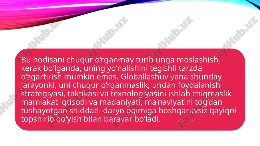 ganib, ijodiy rivojlantirish orqaligina ma’naviyat cho‘qqisiga erishish mumkinligidan guvohlik beradi. bizga ta’sir o‘tkazayotgan yoki ta’sir o‘tkazmoqchi bo‘layotgan g‘oyalarning qay birini qabul qilish va qay birini rad etish lozimligini aniqlash uchun jiddiy tahlil lozim. ana shunday tahlilni o‘tkazish uchun esa ba’zan erinchoqligimiz, ba’zan uquvsizligimiz xalaqit bermoqda. buning oqibatida esa qabul qilish bo‘lgan g‘oyalarni rad etish va rad etish lozim bo‘lgan g‘oyalarni qabul qilish hollari ham uchrab turibdi. shunday g‘oyalar borki, ular ochiq chehra bilan eshigimizni taqillatib, kirib keladi. shunday g‘oyalar ham borki, ular «o‘g‘ri» kabi tuynuk qidiradi. eshik qoqib keladigan g‘oyalar milliy ma’naviyatni boyitishga, rivojlantirishga xizmat qiladi. bu umuminsoniy ezgu-g‘oyalardir. chunki, milliy ma’naviyatlar o‘zaro ta’sir jarayonida rivojlanadi. ²ar qanday xalq ma’naviyati rivojiga nazar tashlansa uning boshqa xalqlar udum va an’analarini qanchalik o‘zlashtirib va rivojlantirib borganini ko‘rish mumkin. o‘zbek milliy ma’naviyati ham uzoq va yaqindagi qo‘shnilarning ilg‘or an’analarini o‘zlashtirish natijasida boyib bordi. ma’naviyatimizning rivojlanish tarixini kuzatsak, bunga yana bir bor ishonch hosil …