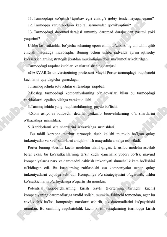 tejash (bunday ustunlikka odatda katta kompaniyalar ega bo’ladilar). u standartlashtirilgan mahsulotni yoppasiga ishlab chiqarishda xarajatlarning kamaytirilishi, xom ashyo, material va tarkibiy qismlarni katta miqdorlarda sotib olishdagi chegirmalar, reklamaga sarflanadigan xarajatlarning kamaytirilishi va xokazolar bilan bog’liqdir. bularning barchasi ishlab chiqarishni endi boshlayotgan kompaniyalar uchun katta qiyinchiliklar tug’diradi. porter nazariyasi bo’yicha ikkinchi raqobatchi kuch tarmoqda mavjud bo’lgan kompaniyalarning raqobatlashuvidir. bu yerda ham uchta omilning ta’sirini ko’rsatib o’tish mumkin: - tarmoqdagi raqobatning strukturasi; - talabning shartsharoitlari; - tarmoqqa kirish tusiqlarning balandligi. tarmoqdagi raqobatning strukturasi tarmoqdagi konsolidatsiya darajasiga (uning fragmentlanganligi, oligopoliya yoki monopoliya sharoitlari mavjudligi) bog’liqdir. fragmentlangan tarmoqda potentsial xatarlar qulay imkoniyatlarga qaraganda ko’proq bo’ladi, chunki bunday tarmoqlarga kirib kelish nisbatan yengildir. konsolidatsiyalangan tarmoqlarda odatda katta va mustaqil kompaniyalar faoliyat ko’rsatadilar. binobarin, bir kompaniyaning raqobatchilik faoliyati boshqa raqobatchilarning bozordagi ulushiga bevosita ta’sir qiladi, natijada ular tezda bunga javoban xarakat qilib, raqobat kuchayadi. bunday kompaniyalarning narx urushi olib borish imkoniyati raqobatning asosiy xatarli kuchidir. bunday …