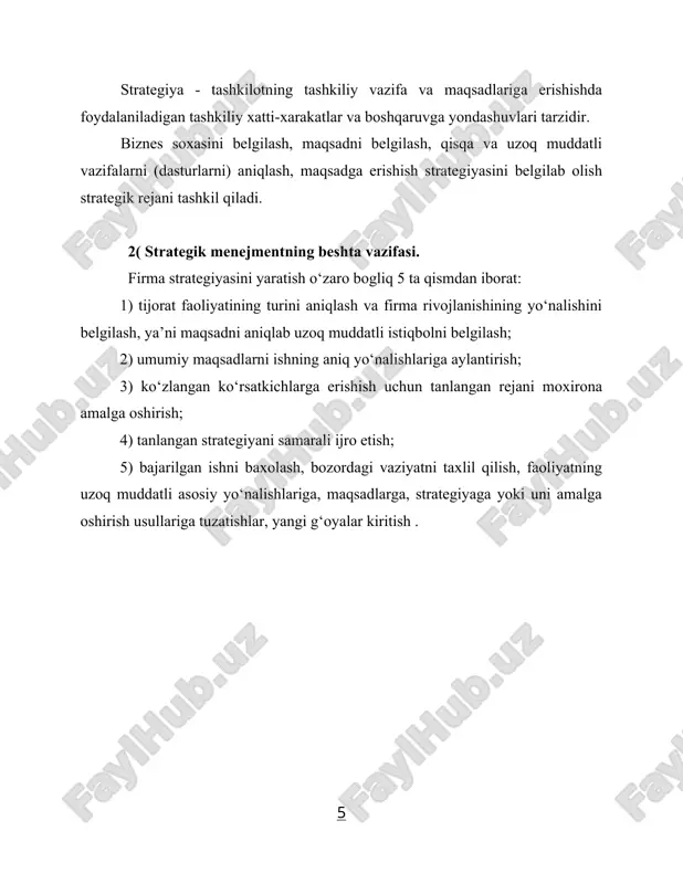 ir, chunki, moliyaviy mablag‘lar yetishmasa kompaniya tang axvolga tushib qoladi. strategik maqsadlar kompaniyaning bozordagi raqobat mavqeini kuchaytirishga qaratiladi. moliyaviy maqsadlar foyda xajmi, sarmoyalardan qaytim, naqd pul tushumi, dividendlar kabi ko‘rsatkichlarni ko‘paytirishga qaratiladi. strategik maqsadlarga esa firmaning raqobatga bardoshliligini oshirish, buning natijasida rivojlanishning yuqoriroq sur’atlariga, bozordagi salmogini oshirishga , past xarajatlarga erishishga, firmaning obro‘sini oshirishga qaratilgan bo‘ladi. v) maqsadlar - bu natijalardir, strategiya esa ularga erishish yo‘llaridir. strategiyani aniqlash uchun korxonaning ichki xolati va tashqi omillar o‘rganilishi lozim. kompaniyaning strategiyasi odatda quyidagilardan iborat bo‘ladi: 1) chuqur o‘ylangan, maqsadga qaratilgan xarakatlar; 2) voqealarning kutilmagan rivoji va kuchaygan raqobat kurashiga javob berish; strategiya - bu faqatgina menejerlar avvalroq o‘ylab chiqqan xarakatlar emas , balki kutilmagan vaziyatlarda kiritilshi lozim bo‘lgan tuzatishlardir. strategiyani ishlab chiqish uchun tadbirkorlik iste’dodi va fikrlashning strategik tarzi bo‘lishi kerak. strategiyani ishlab chiqish maxorati menejerning tadbirkorlik iste’dodiga bogliq. menejerning tadbirkorlik maxoratini belgilash mezoni uning yangi strategik imkoniyatlarni ko‘ra bilishi va yangiliklarga …