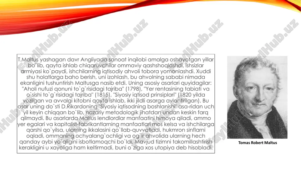 abiiy qonunlar va insoniy hirs" tabiatning nochorligi va insoniyatning favqulodda tez ko`payishi bilan bog`liqdir. shu sababli xalq o`z azob-uqubatlari uchun o`zini o`zi ayblashi kerak". uni to`g`rilashga hech qanday inqilob va sotsial islohotlar yordam bera olmaydi. bunda faqat bir to`g`ri yo`l bor - bu aholi sonini qisqartirish. o`ta ko`payishning oldini olish vositasi, chorasi sifatida "axloqiy chidam" (kambag`allar nikohdan o`zlarini tiyishlari, kech turmush qurishlari), og`ir mehnat yoki turli baxtsizliklar (ochlik, qashshoqlik, kasallik, epidemiya, urush va boshqalar) taklif etiladi. maltusning fikricha, tabiiy biologik instinktga ko`ra insoniyat ko`payish imkoniyatiga ega va doimo shunga intiladi, ammo jonivor va o`simliklar qarama-qarshi ravishda bu jarayonni chek- lash imkoniga ham ega bo`lib, hayvonot dunyosidan ajralib turadi. quyidagi jadvalda ana shu imkoniyatlar aks etgan. shunday qilib, maltus ta'limoti bo`yicha, jamiyat illatlari insoniyatning beixtiyor qismatidir. nazariy jihatdan bu fikrlarda hech qanday ilmiylik va yangilik yo`q. bu "qonun"dagi asosiy g`oyalar ungacha bo`lgan olimlardan to`g`ridan-to`g`ri o`g`rilangan (plagiat), chunki o`z davrida styuart, uolles, …