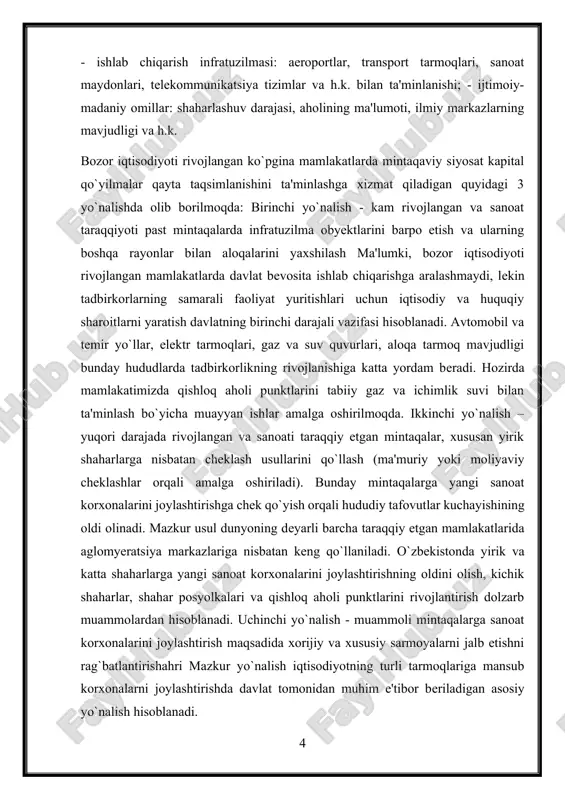 tlarda xilma-xil yo`nalishlar mavjudligiga qaramay, ular o`rtasida tafovutlar kam, mintaqaviy iqtisodiy siyosatni amalga oshirishdagi maqsadlari esa quyidagi vazifalarni hal etishga qaratilgan: - iqtisodiy qoloq mintaqalar rivojlanishini rag`batlantirish; - markaziy hokimiyat vazifalarining katta qismini mahalliy davlat organlari zimmasiga yuklash; - yirik shaharlarda sanoat ishlab chiqarishi to`planishini cheklash; - yangi o`zlashtirilgan hududlarda ishlab chiqarishni joylashtirish va rivojlantirishni rag`batlantirishahri mintaqaviy siyosatni amalga oshirishning eng ommaviy usullaridan biri hududiy rivojlantirish jamg`armalarini tashkil etish hisoblanadi. birinchi marta 1975-yilda yevropa ittifoqi qoshida hududiy muvofiqlashtirish jamg`armasi tashkil etilgan. boshqa bir qancha mamlakatlarda ham ayrim hududlarning ijtimoiyiqtisodiy muammolarini hal etish maqsadida maxsus jamg`armalar (italiyada davlat subsidiyasi hisobiga faoliyat yuritadigan va janubiy hududlar infratuzilmalarini rivojlantirishga yo`naltirilgan «janub xazinasi»; bolgariyada ayrim hududlar rivojlanishini jadallashtirish davlat dasturini ta'minlash bo`yicha jamg`arma, vengriyada uchta maqsadli jamg`armadan iborat hududlar rivojlanishining markaziy jamg`armasi va boshq.) tuzilgan. ko`plab xorijiy mamlakatlar mintaqaviy siyosatining muhim xususiyati shundaki, unda yirik ma'muriy-hududiy birliklar (guberniya, shtat, provintsiya) emas, balki muayyan shahar …