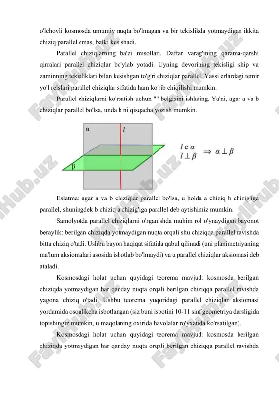 yordamchi ta'riflarni esga olish tavsiya etiladi. xavfsiz chiziq berilgan ikkita mos kelmaydigan chiziqlarning har birini kesadigan chiziq. ikki tekis kesilgan kesishishda sakkizta rivojlanmagan burchak hosil bo'ladi. parallel chiziqlar uchun zarur va etarli shartni shakllantirishda, deyiladi tegishli xoch va bir tomonlama burchaklar. ularni rasmda ko'rsating agar tekislikdagi ikkita to'g'ri chiziqlar kesuvchi bilan kesishgan bo'lsa, unda ularning parallelligi uchun yotgan burchaklarning teng bo'lishi yoki mos keladigan burchaklarning tengligi yoki bir tomonli burchaklarning yig'indisi 180 darajaga teng bo'lishi zarur va etarli. samolyotda parallel chiziqlar uchun zarur va etarli shartni grafik rasmini ko'satamiz. ushbu parallel chiziqlar shartlarining dalillarini 7 - 9-sinflar uchun geometriya darsliklarida topishingiz mumkin. e'tibor bering, ushbu shartlar uch o'lchovli kosmosda ham qo'llanilishi mumkin - asosiysi, ikkita chiziq va sekant bir xil tekislikda yotadi. biz parallel chiziqlarni isbotlashda ishlatiladigan yana bir nechta teoremalarni beramiz. agar tekislikdagi ikkita chiziq uchinchi chiziqqa parallel bo'lsa, u holda ular parallel bo'ladi. ushbu xususiyatning isboti parallel chiziqlar …