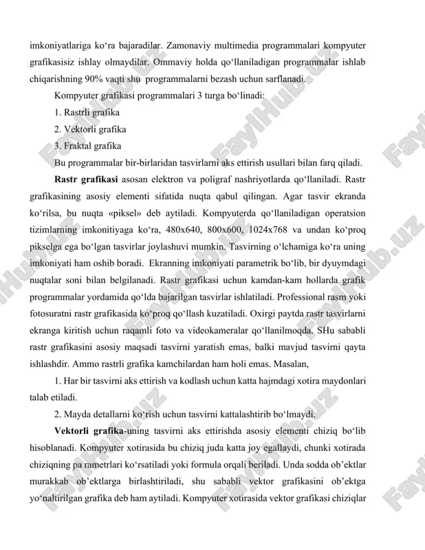 larni boshqarish uchun bir qator programmalar ishlab chiqilgan. kompyuter grafikasi programmasida ishlashda talabalarni grafika bilan ishlashga qiziqtirish lozim. mustaqil ish sifatida aloxida, xar bir talabaga topshiriqlar ya’ni xisob-grafik ishlar tayorlash lozim. amaliy mashgulotda talabalr o‘z varianti asosida turli grafikalar yaratishi lozim. ma’ruza mashg‘ulotida odatda barcha asosiy tushunchalar, umumiy ma’lumotlar beriladi. xulosa kilib aytganda, «kompyuter grafikasining o‘qitish uslubiyati» mavzusi juda qiziqarli mavzulardan biri va talabalar katta qiziqish bilan programmaning imkoniyatlarini o‘rganadilar. bunda yangi pedagogik texnologiyalardan foydalanish darsning samaradorligini oshiradi. tasvirlarni saqlash uchun muljallangan asosiy fayllar formati: bmp-qisq.: bit map. bit kartasi, bmp formati. rastrli grafik tasvirlarni ifodalash uchun mo‘ljallangan oddiy format. gif-qisq.: graphics interchange format. grafik axborot almashish formati, gif formati. internetda eng keng tarqalgan grafik format. 256 ranggacha bo‘lgan tasvirlarni saqlash imkonini beradi, shaffoflik, animatsiya, qatorlararo yoyilmasi, bitta faylda bir necha tasvirni saqlash kabi amallarni qo‘llab-quvvatlaydi. jpeg-qisq.: joint photographic experts group. 1. fotografiya sohasidagi ekspertlar guruhi birlashmasi, jpeg guruhi. 2. …