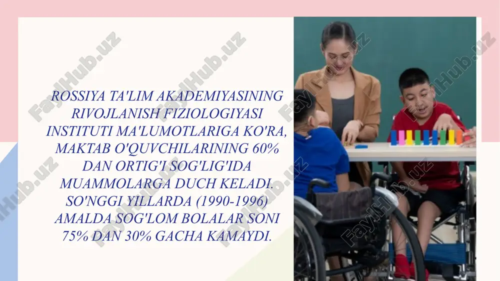 ndijon va farg’onada ham shu kabi gospital maktablar ochilishi rejalashtirilgan) 18 asosiy adabiyotlar r.sh.shomaxmudova “maxsus va inklyuziv ta’lim” uslubiy qo‘llanma banch garri ouen. podderjka uchenikov s narusheniem intellekta v usloviyax obichnogo klassa: posobie dlya uchiteley. 2-ye izd. / per. s angl. s.yu. kotova. m., 2008 yekjanova ye.a., ye.v. reznikova. osnovi integrirovannogo obucheniya: posobie dlya vuzov. m.: drofa, 2008 mitchell devid. effektivnie pedagogicheskie texnologii spesialnogo i inklyuzivnogo obrazovaniya. m.: perspektiva, 2011 e’tiboringiz uchun raxmat. 20 image7.png image8.png image1.png image2.svg image2.png image4.svg image9.png image3.png image6.svg image10.jpg image6.png image12.svg image11.png image12.png .msftofcthm_accent1_fill_v2 { fill:#f5cdce; } .msftofcthm_accent3_fill_v2 { fill:#aac3e8; } .msftofcthm_background1_stroke_v2 { stroke:#fdfaf6; } /docprops/thumbnail.jpeg