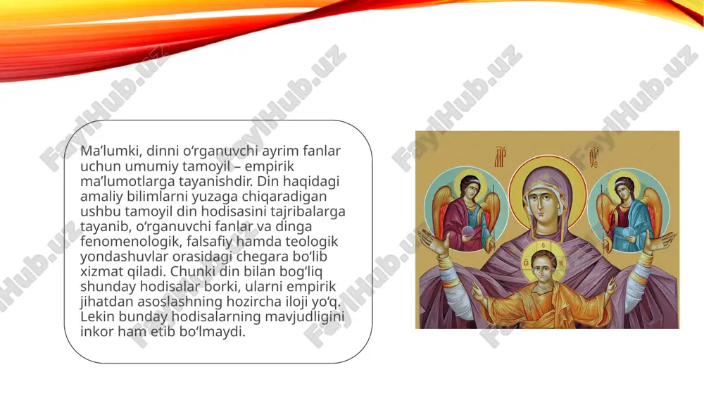 u ma’lum bir hajmdagi ma’lumotlarni berib, mustaqil va ob’yektiv tarzda diniy hodisalar, konkret jamiyat hayotidagi din bilan bog‘liq voqealarni baholashni o‘zining asosiy maqsadi, deb tushunadi.diniy ta’lim ning yana bir jihati shundaki, biror diniy an’anaga e’tiqod qilishga kirishishdan boshlab, dindor kishida oʻziga inklyuziv (umumiy) va eksklyuziv (farqli) belgilar shakllanadi. diniy ta’lim ta’sirida dindor kishida o‘z diniy jamoasiga nisbatan sadoqat, vafodorlik va muhabbat kabi tuyg‘ular, bir vaqtda, boshqa din vakillariga nisbatan «begonalashuv» kayfiyati «barq» uradi. chunonchi, bir jain muallimidan jaynizm haqida ta’iim olar ekan, albatta, dars orasida jaynizmning boshqa dinlardan farqlarini ham o‘rganadi. yoki bo‘lmasa, bir din vakili turli dinlarni o‘rganishga kirishar ekan, bu bo‘yicha mantiqiy-ilmiylik va obyektivlikka kamdan kam holatda tayanadi, balki ko‘pincha, maqbul yondashuv sifatida o‘z diniy qarashlarini ilgari suradi. tan olish kerakki, muayyan hollarda mazkur kurs va ta’limotlar talabani boshqa diniy an’analar to‘g‘risida mos va o‘xshash ma’lumotlar olishi, boshqa din vakillariga nisbatan bag‘rikenglik ruhiyatining shakllanishi, dinlararo muloqotning qaror topishiga …